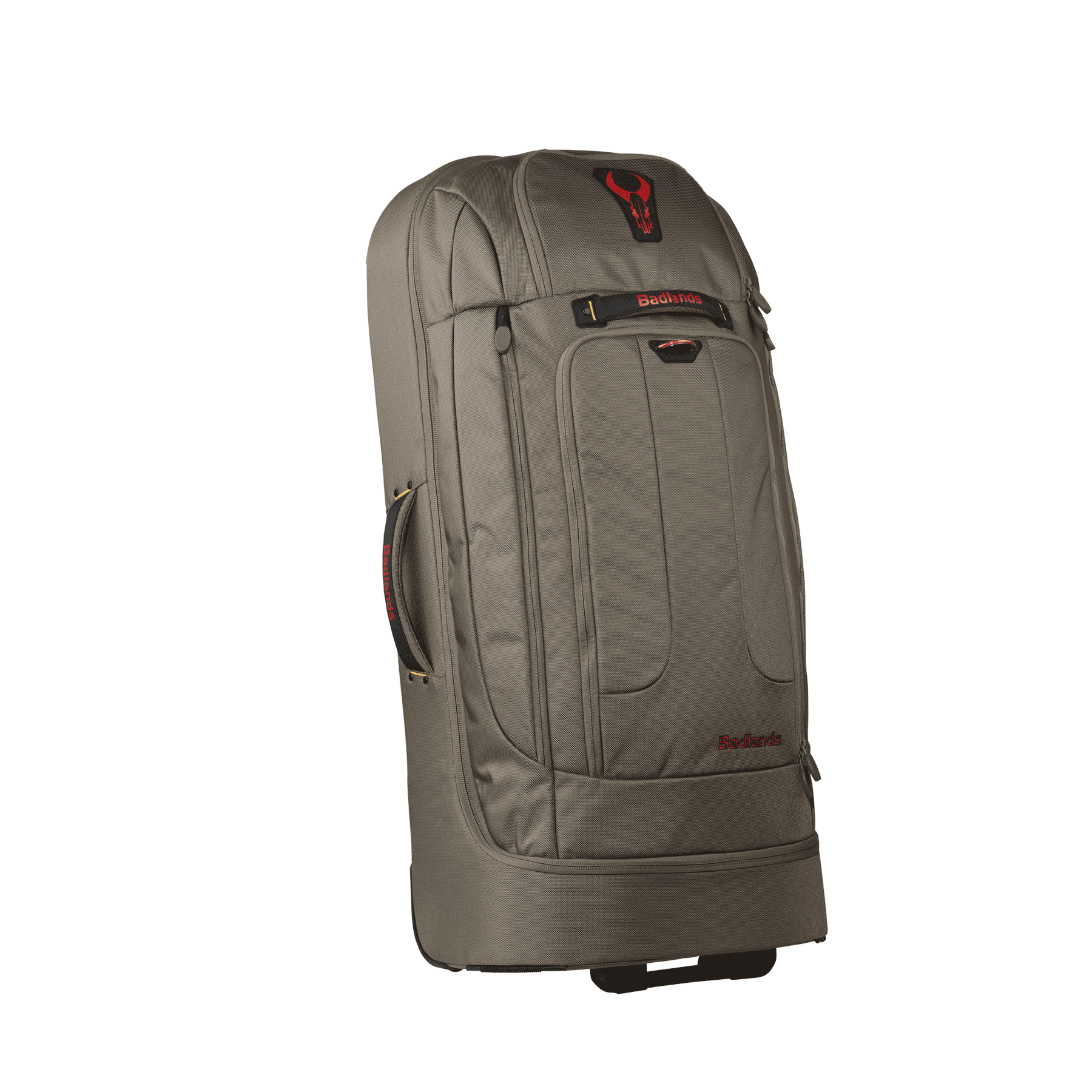 Large tan Moonrivers travel bag with red skull logo, side handle, and multiple compartments for organized packing.