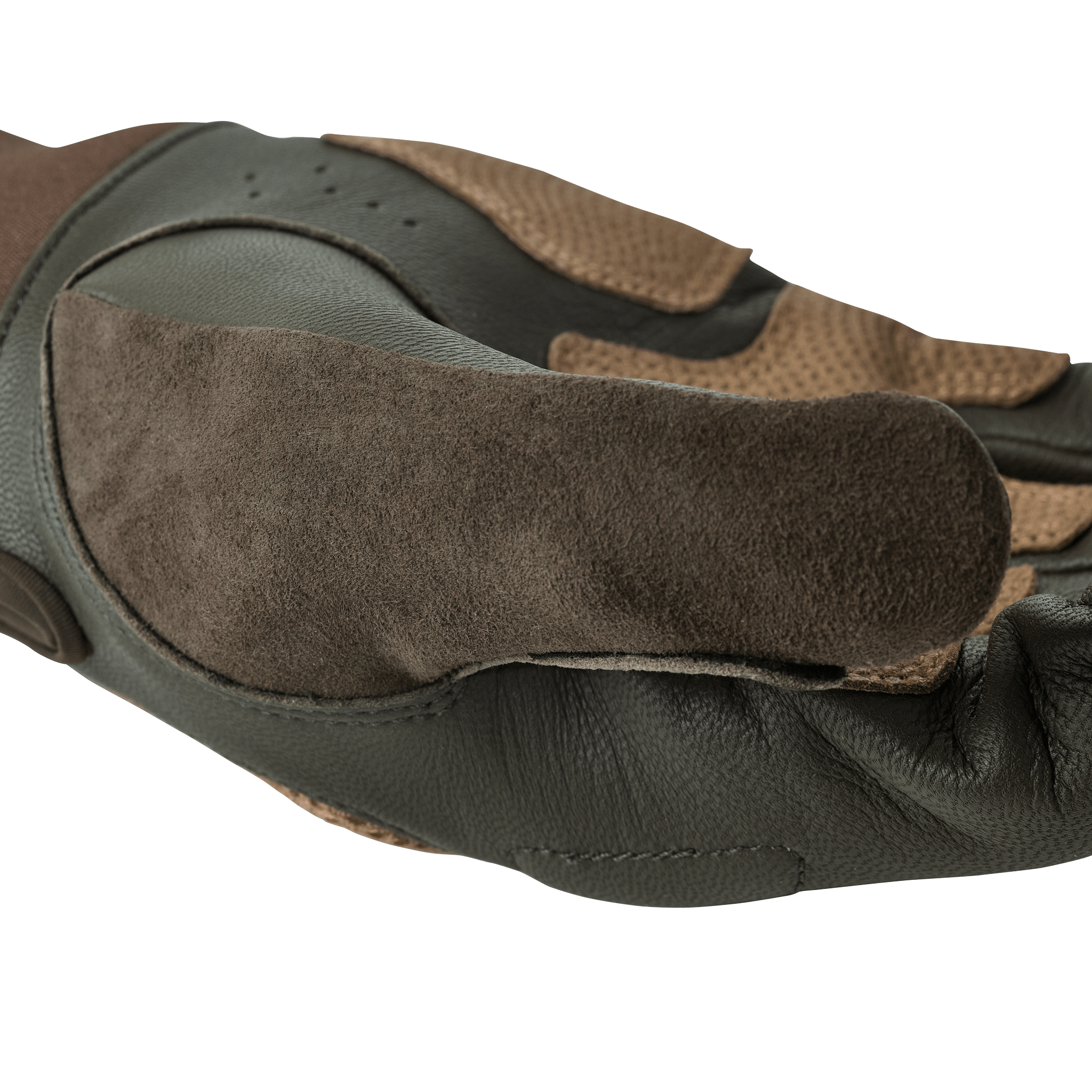 Close-up of a brown and green glove, showing textured suede and leather materials on the palm and fingers.