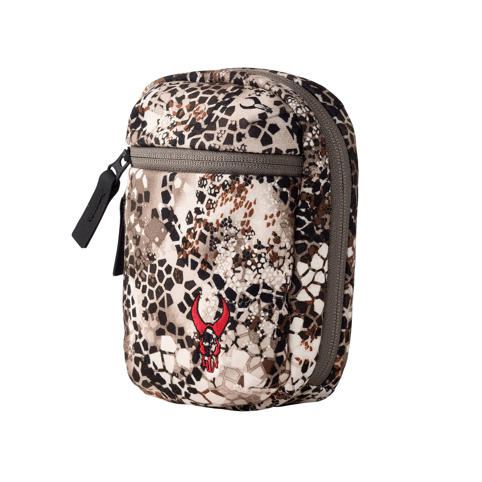 Small camo pouch with zipper and Moonrivers skull logo, ideal for organizing gear; easy-grip zipper pull for accessibility.