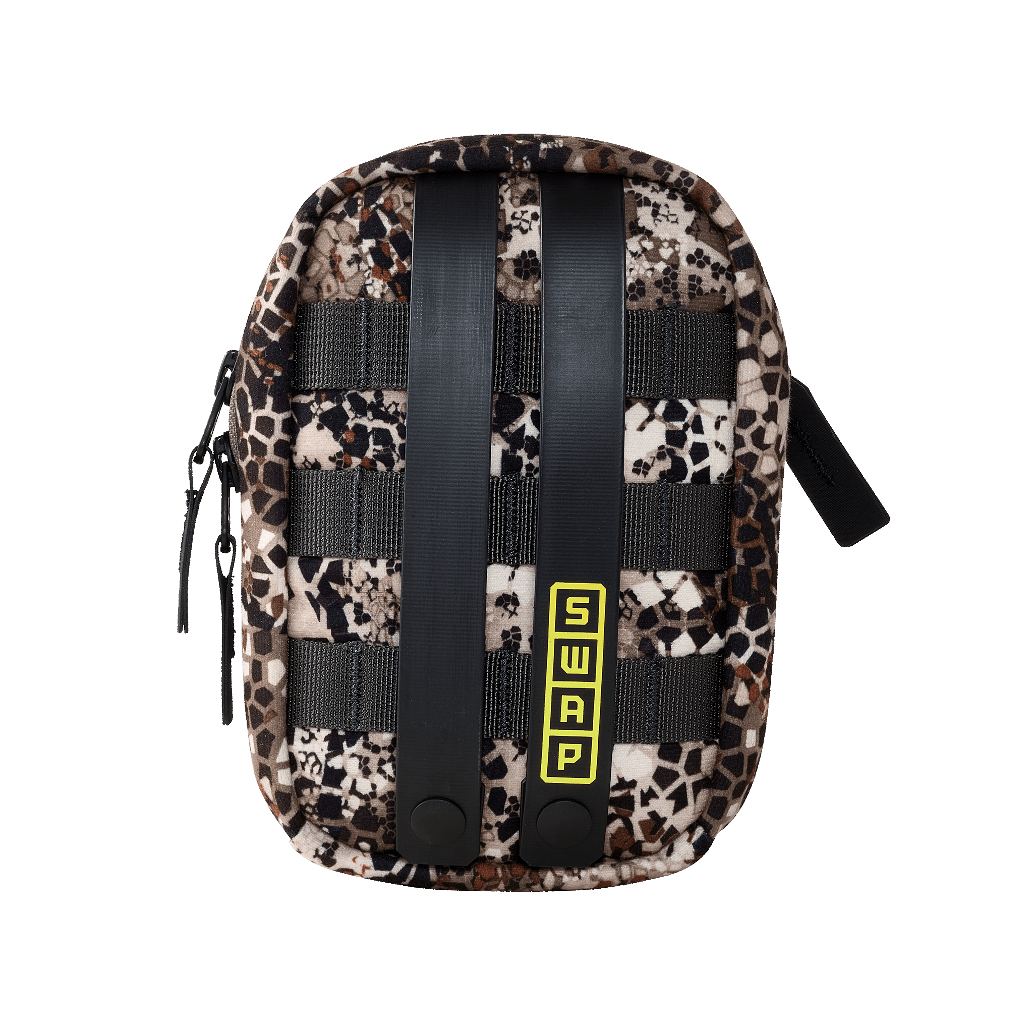 Small camo pouch with black straps and yellow SWAP label, designed for modular attachment to gear or backpacks.