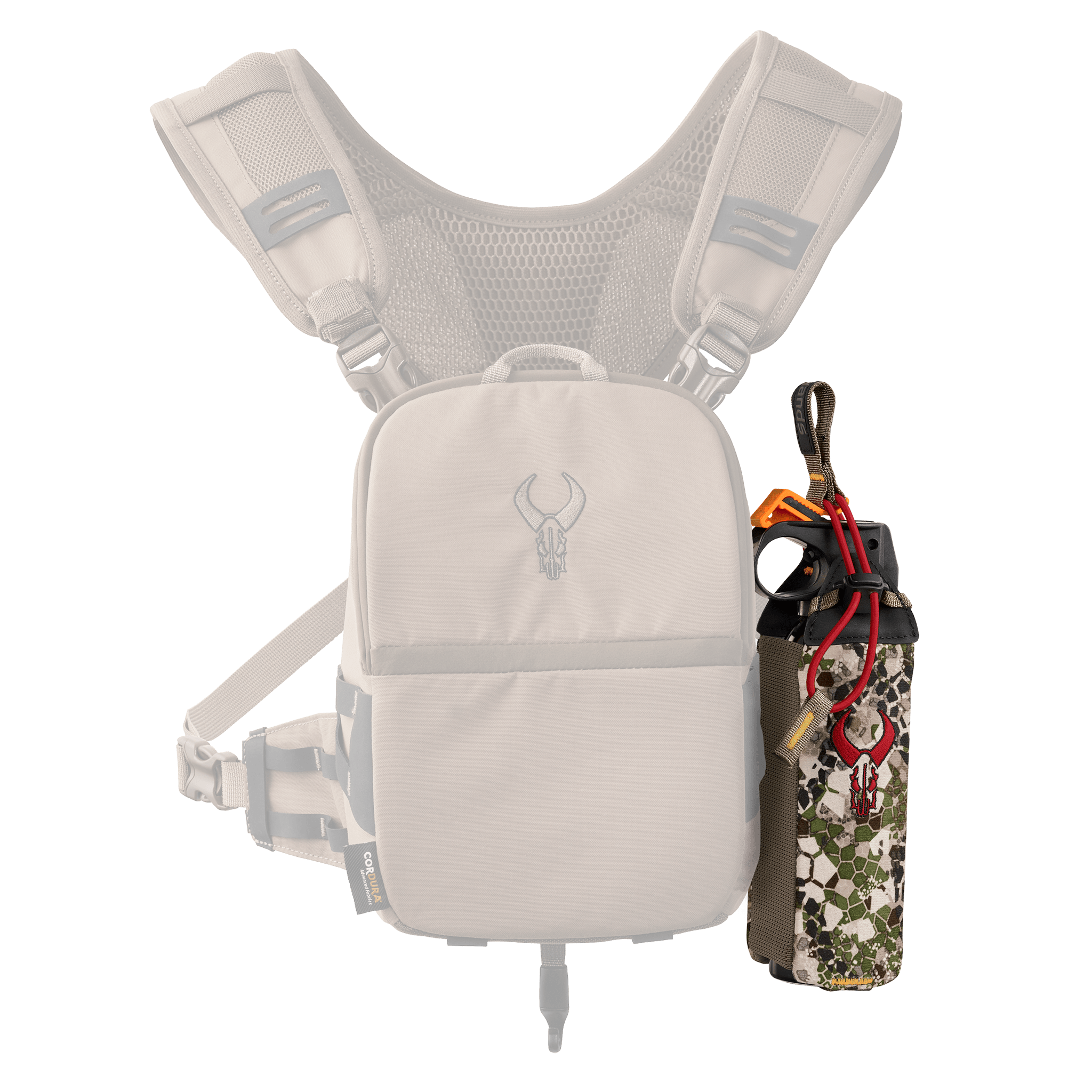 Tan chest pack with Moonrivers skull logo, mesh straps, and a camo water bottle holder attached on the right side.