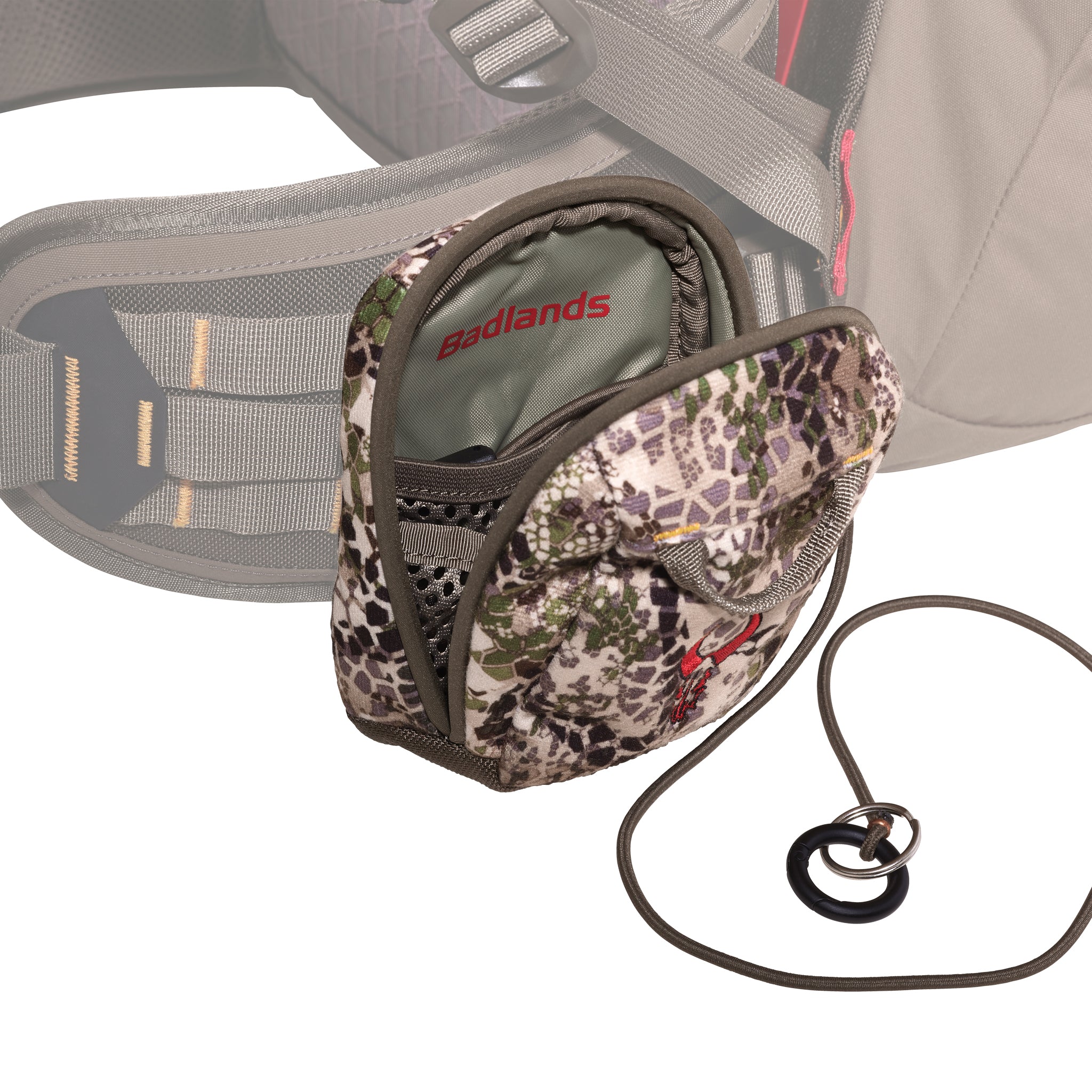 Camouflage Moonrivers pouch with skull logo, elastic cord, and ring, designed for outdoor gear organization and accessibility.