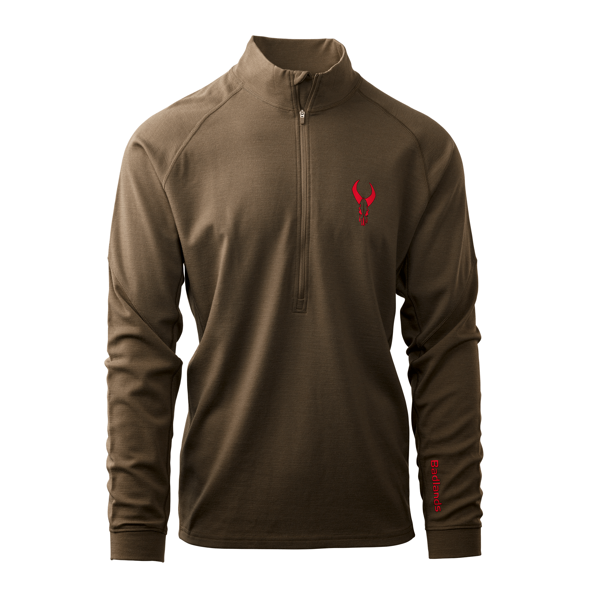 Brown quarter-zip shirt with red Moonrivers skull logo on chest and "Badlands" text on left sleeve. Long sleeves, high collar.