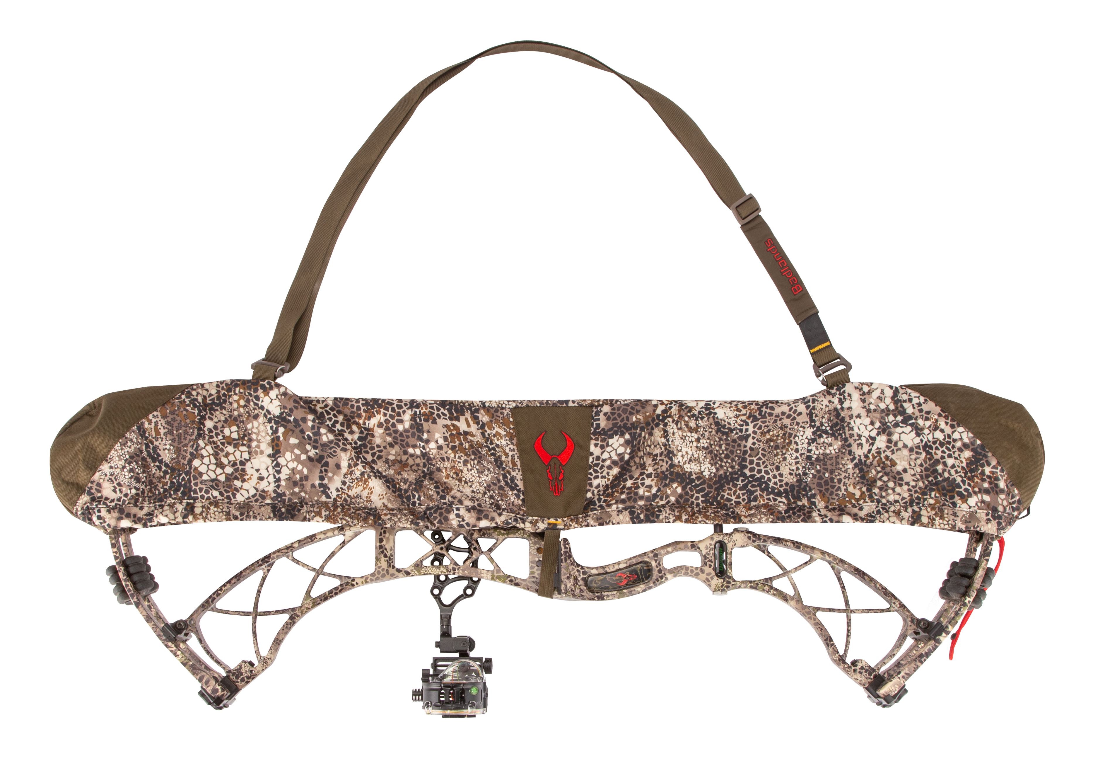 Camouflage bow sling with Moonrivers skull logo, adjustable strap, and protective cover for archery equipment.