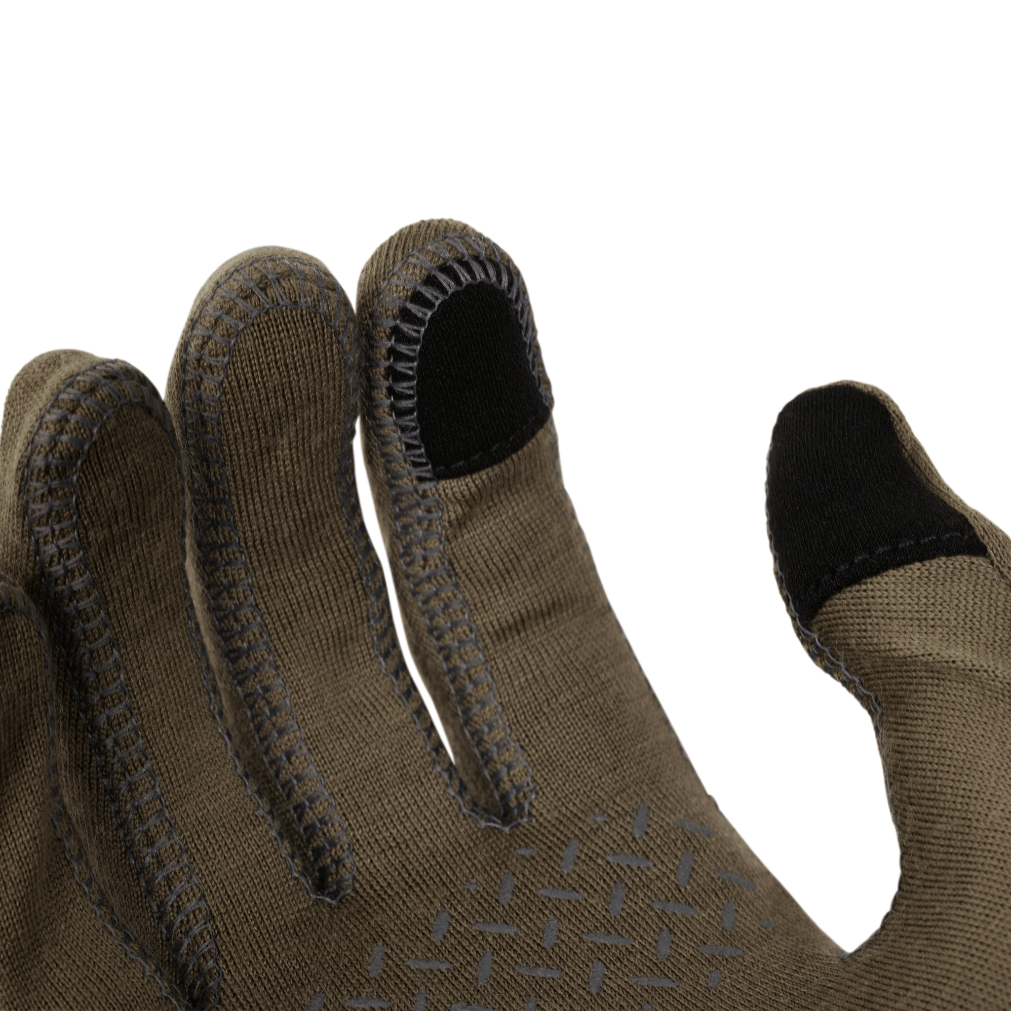 Close-up of a brown glove with black touchscreen tips and textured grip, shown against a white background.