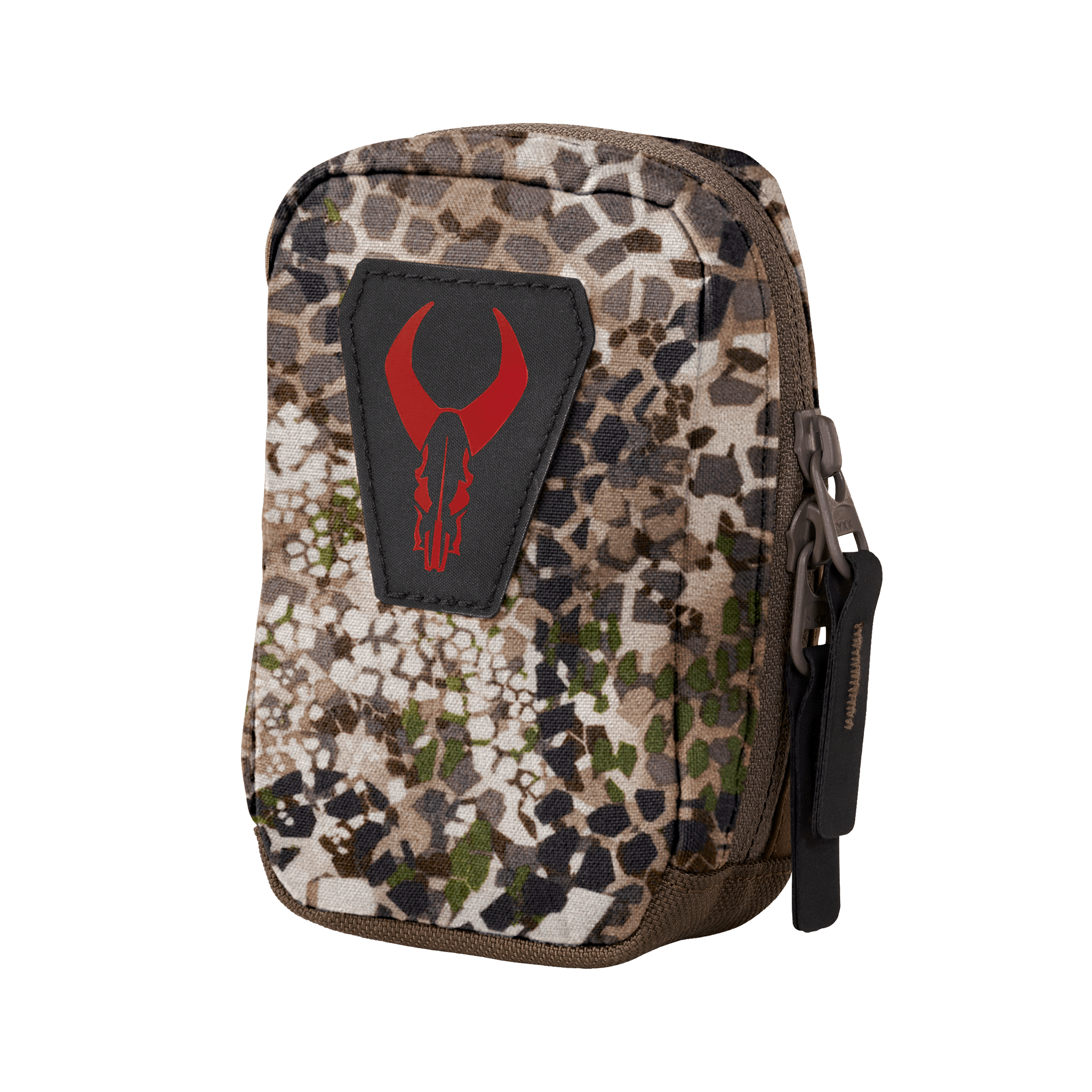 Small camo pouch with zipper and a red Moonrivers skull logo patch on the front. Easy-grip zipper pulls for accessibility.
