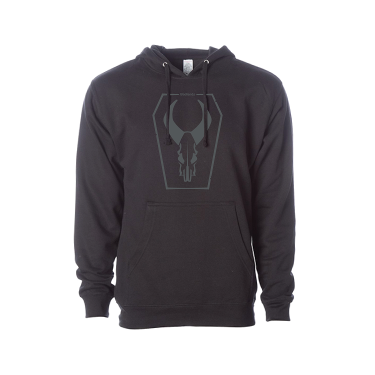 Black hoodie featuring the Moonrivers skull logo on the chest; includes a front pocket and adjustable hood.