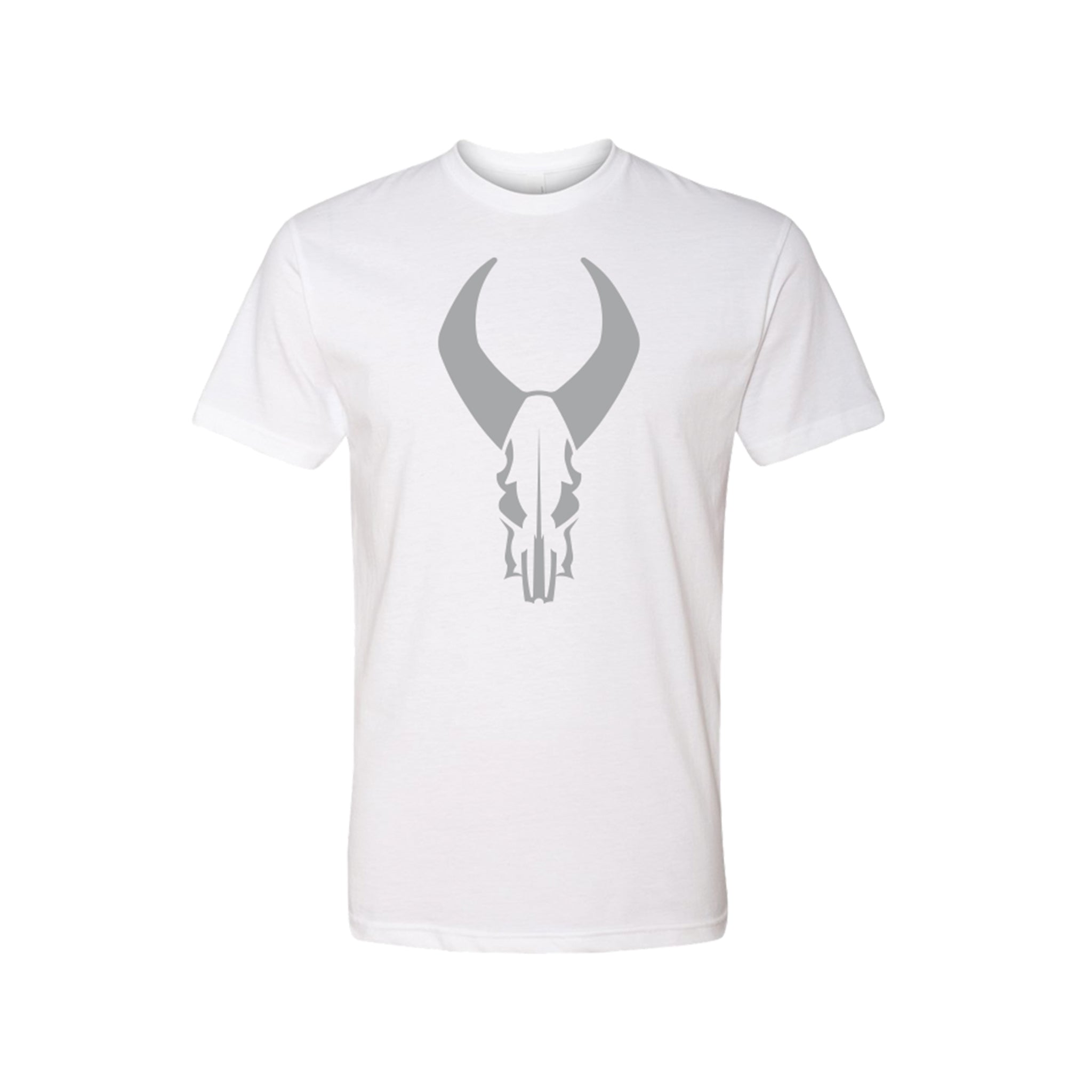 White t-shirt featuring a large gray Moonrivers skull logo centered on the chest.