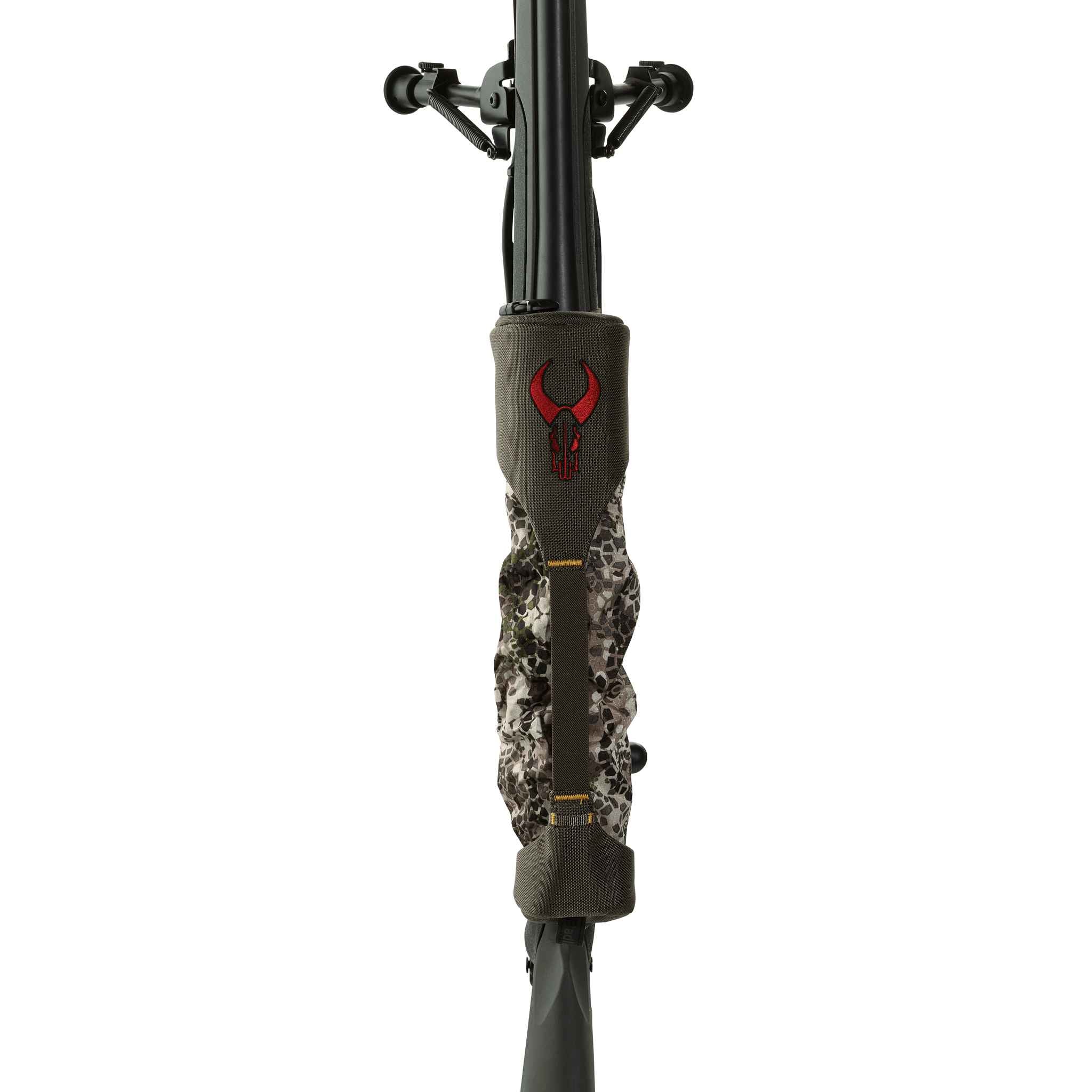 Rifle with camo cover featuring the red Moonrivers skull logo, shown vertically against a white background.