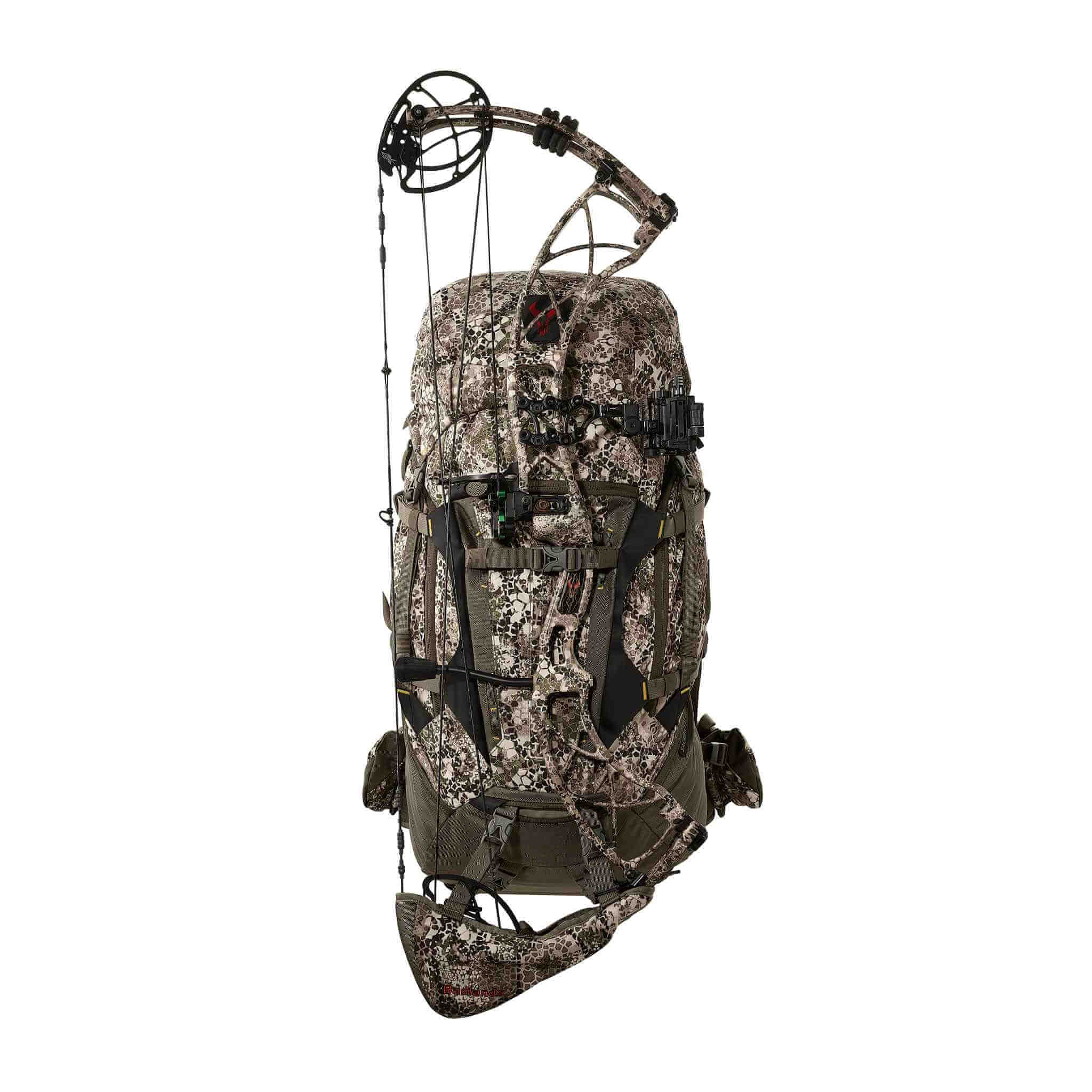 Camouflage hunting backpack with Moonrivers Logo, carrying a compound bow securely strapped to the front.