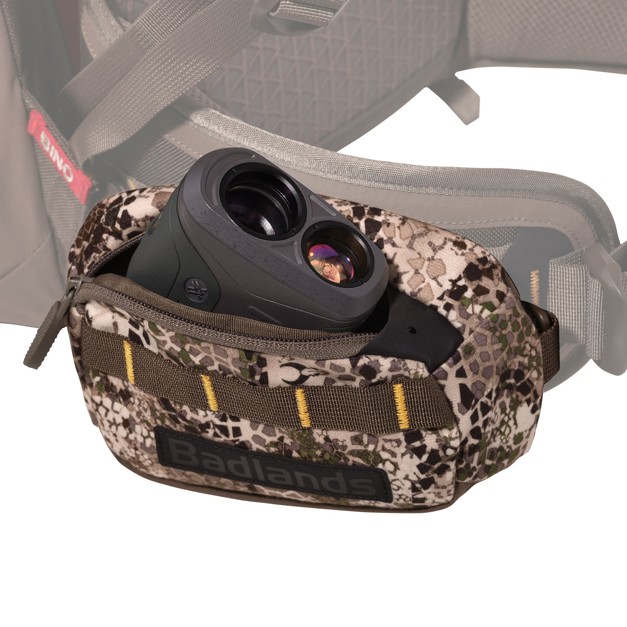 Camo Moonrivers pouch attached to a harness, holding a rangefinder. Moonrivers logo is visible on the front.