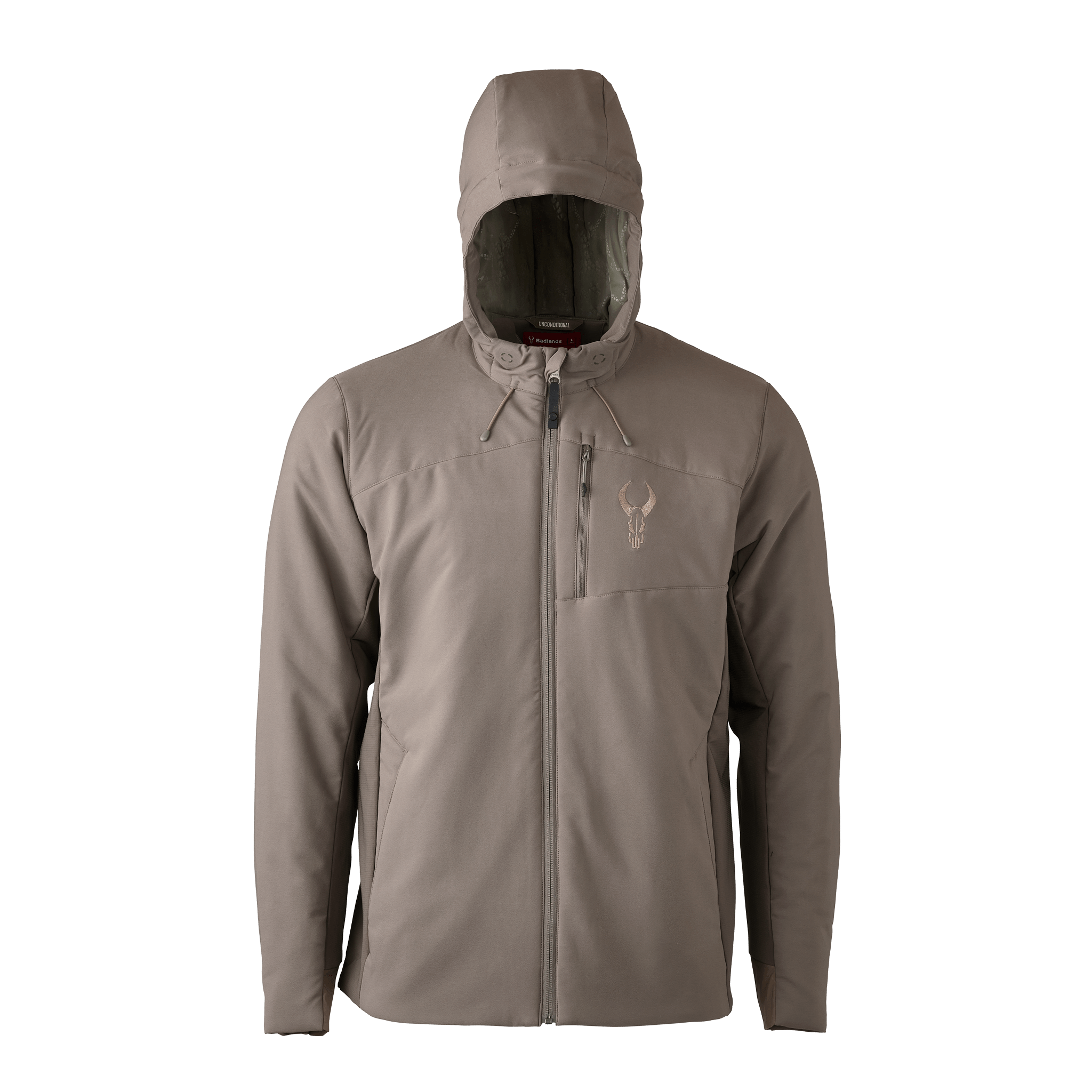 Tan hooded jacket with front zipper and Moonrivers skull logo on left chest.