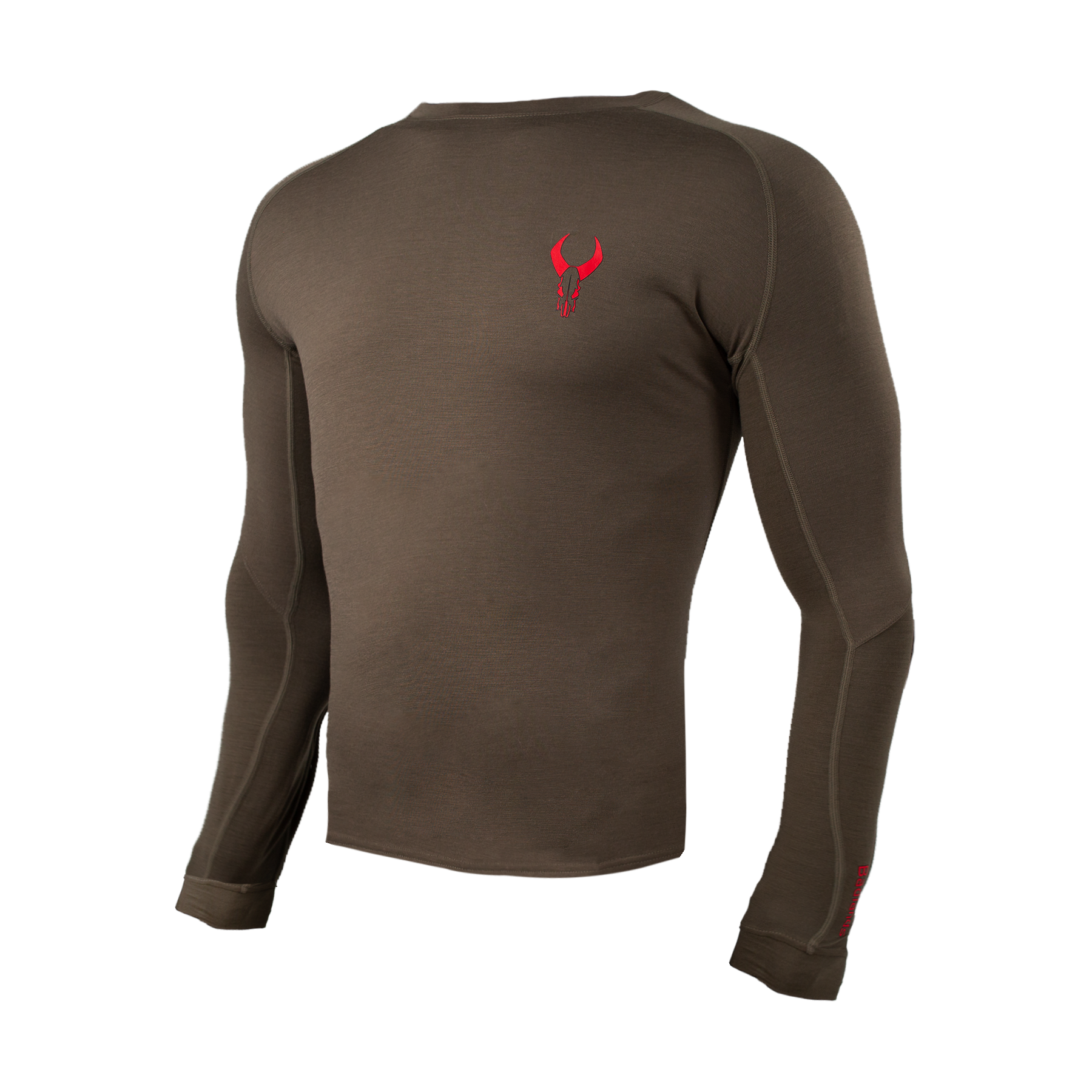 Brown long-sleeve shirt with red Moonrivers skull logo on the upper back, shown from the rear.