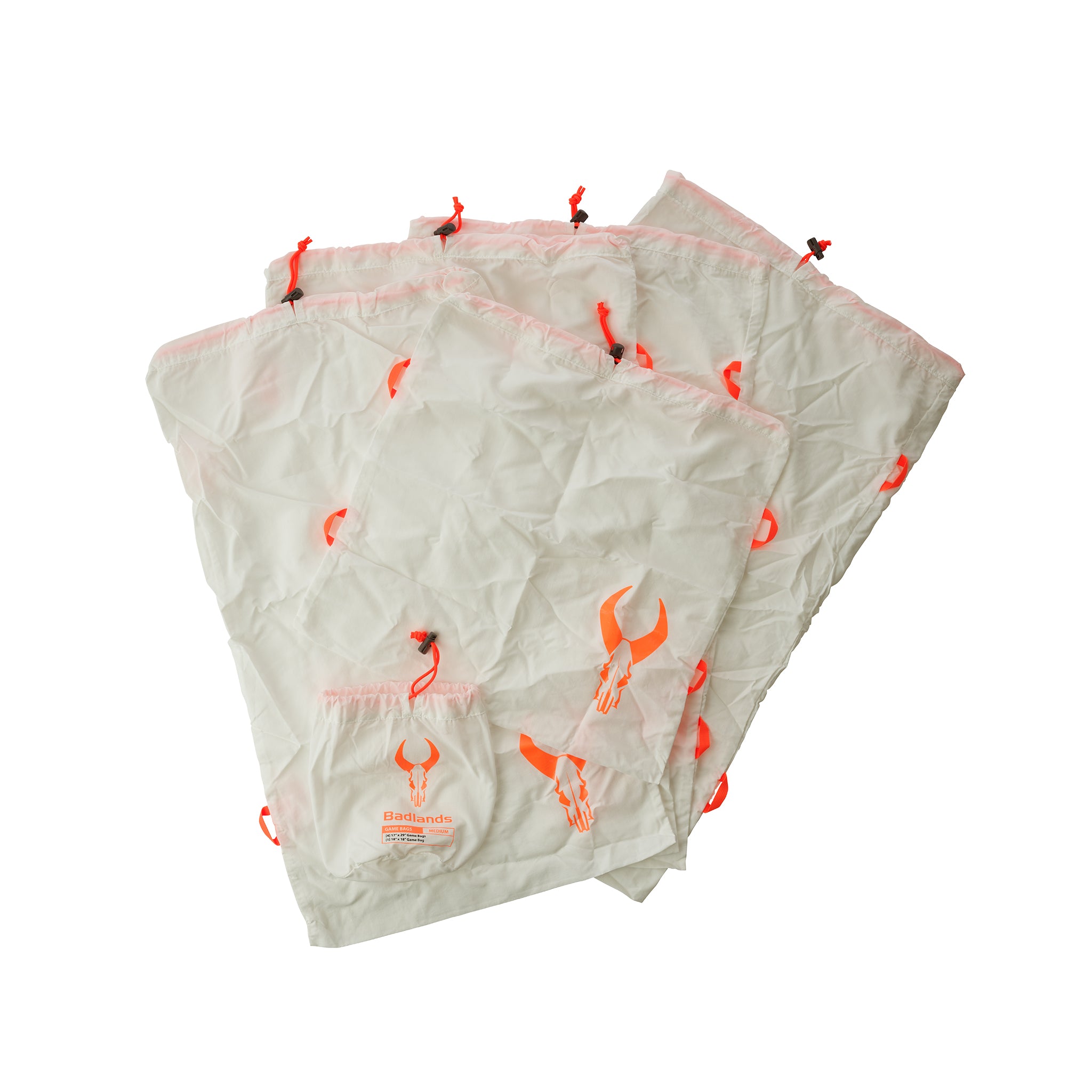 Three white Moonrivers game bags with orange skull logos and drawstring closures, displayed overlapping on a white background.