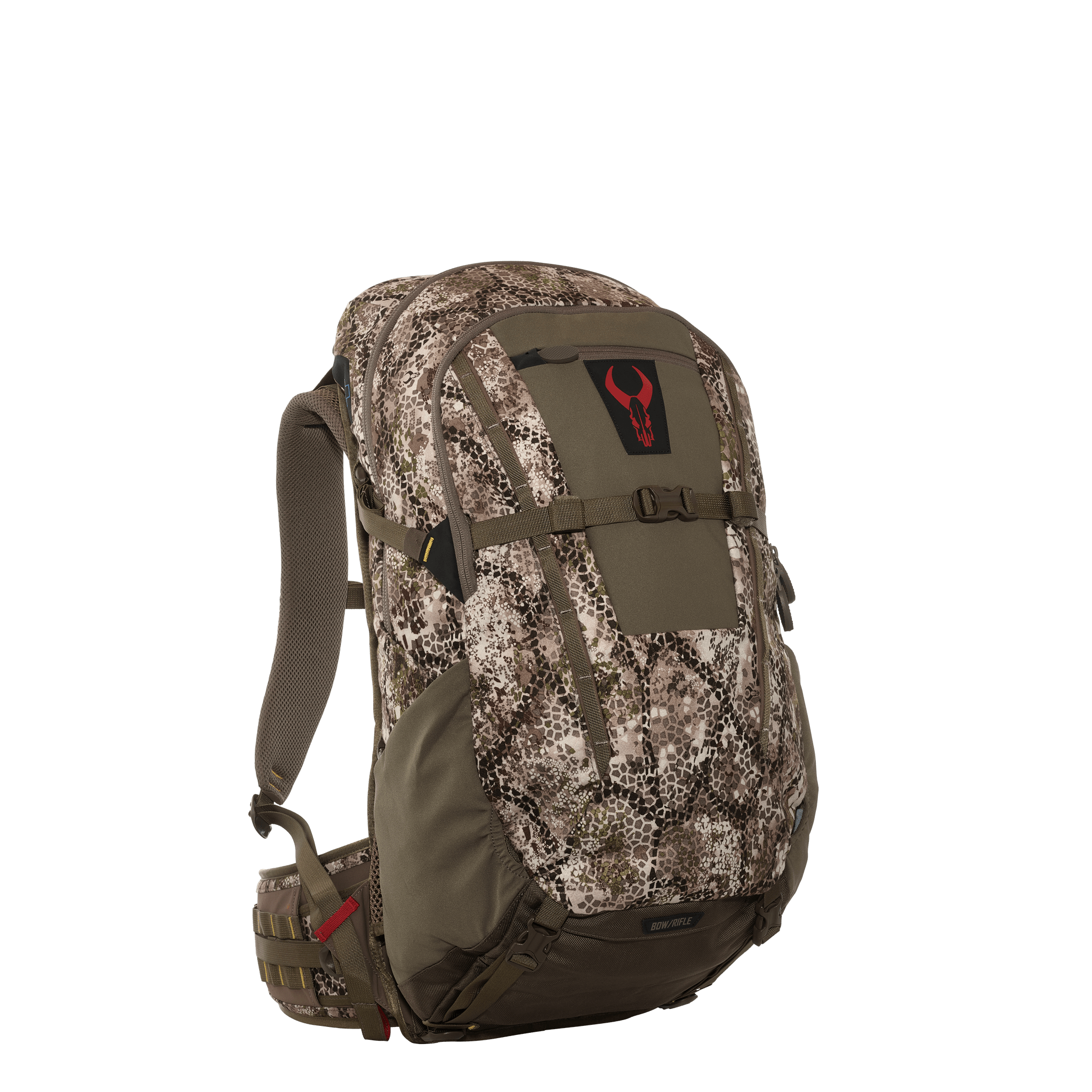 Camo hunting backpack with padded straps and Moonrivers skull logo on front, shown against a plain background.