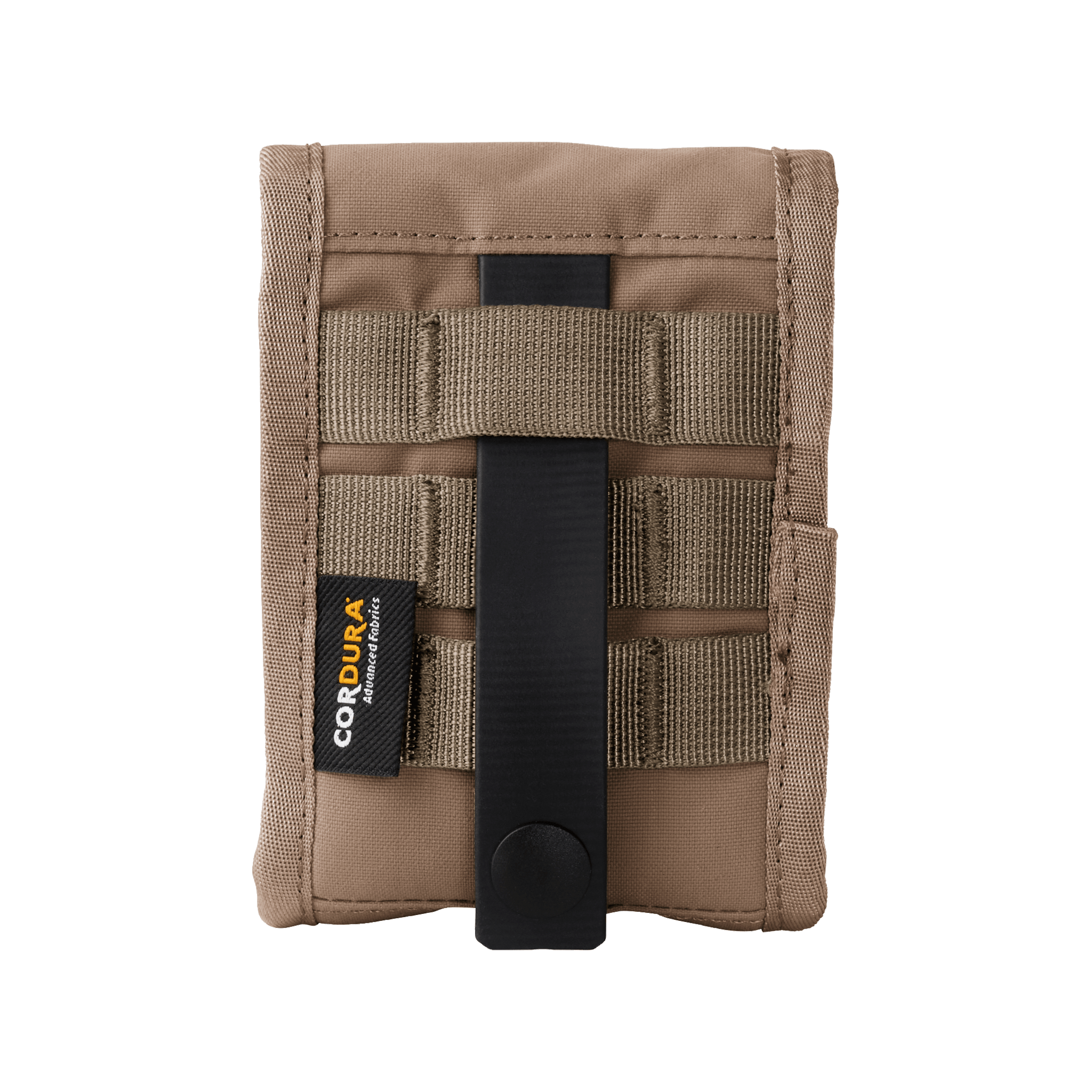 Tan Cordura pouch with MOLLE webbing and a black attachment clip, designed for outdoor or tactical gear organization.