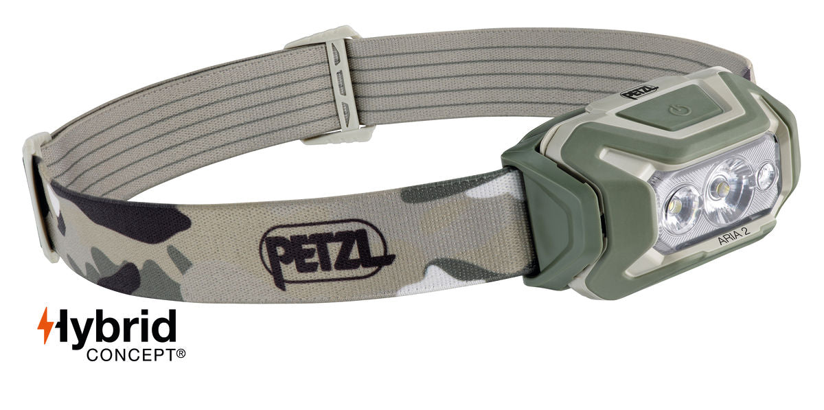 Camo Petzl headlamp with adjustable strap, three LED lights, and Hybrid Concept logo for versatile power options.