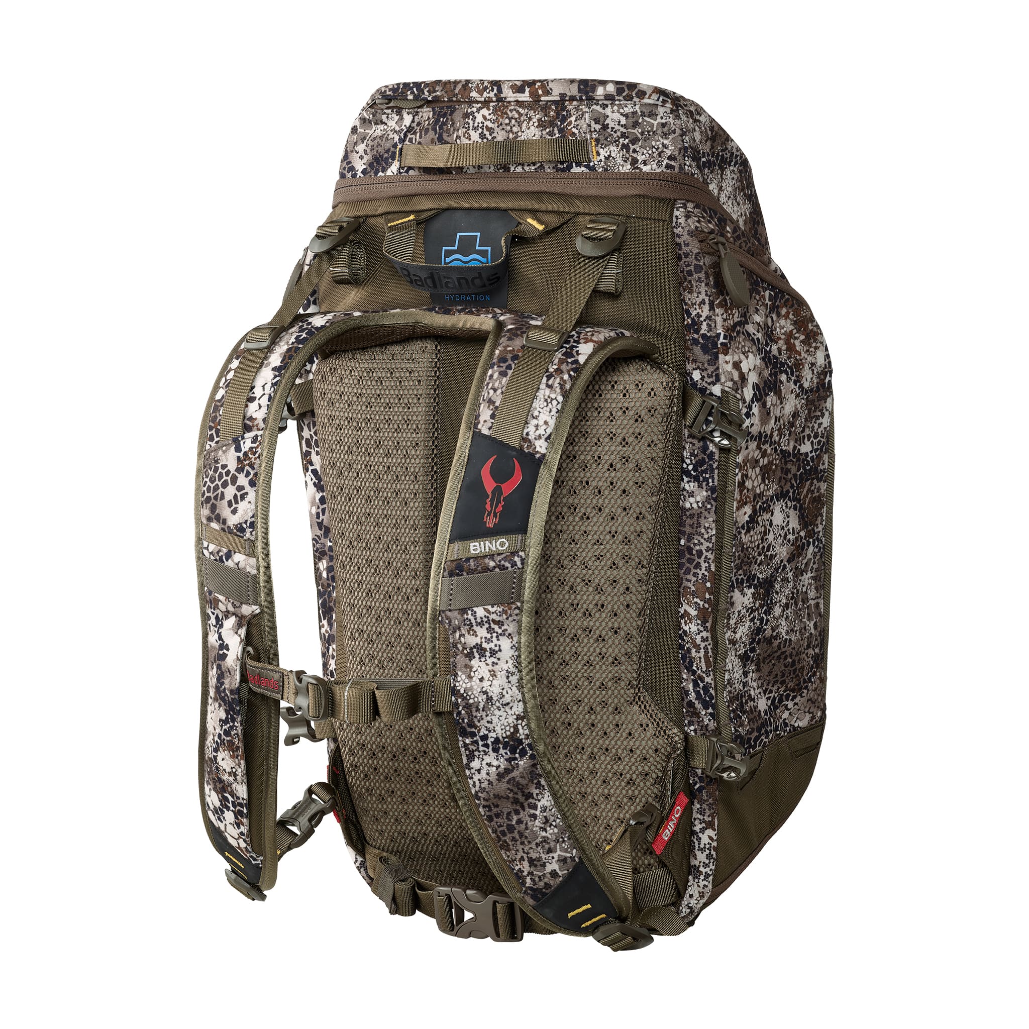 Camo hunting backpack with padded straps, mesh back, and Moonrivers skull logo. Adjustable chest and waist straps visible.