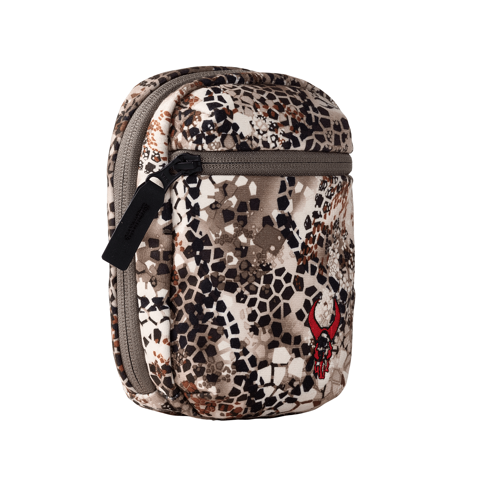 Small camo pouch with zipper and Moonrivers skull logo, designed for outdoor gear storage and easy access.