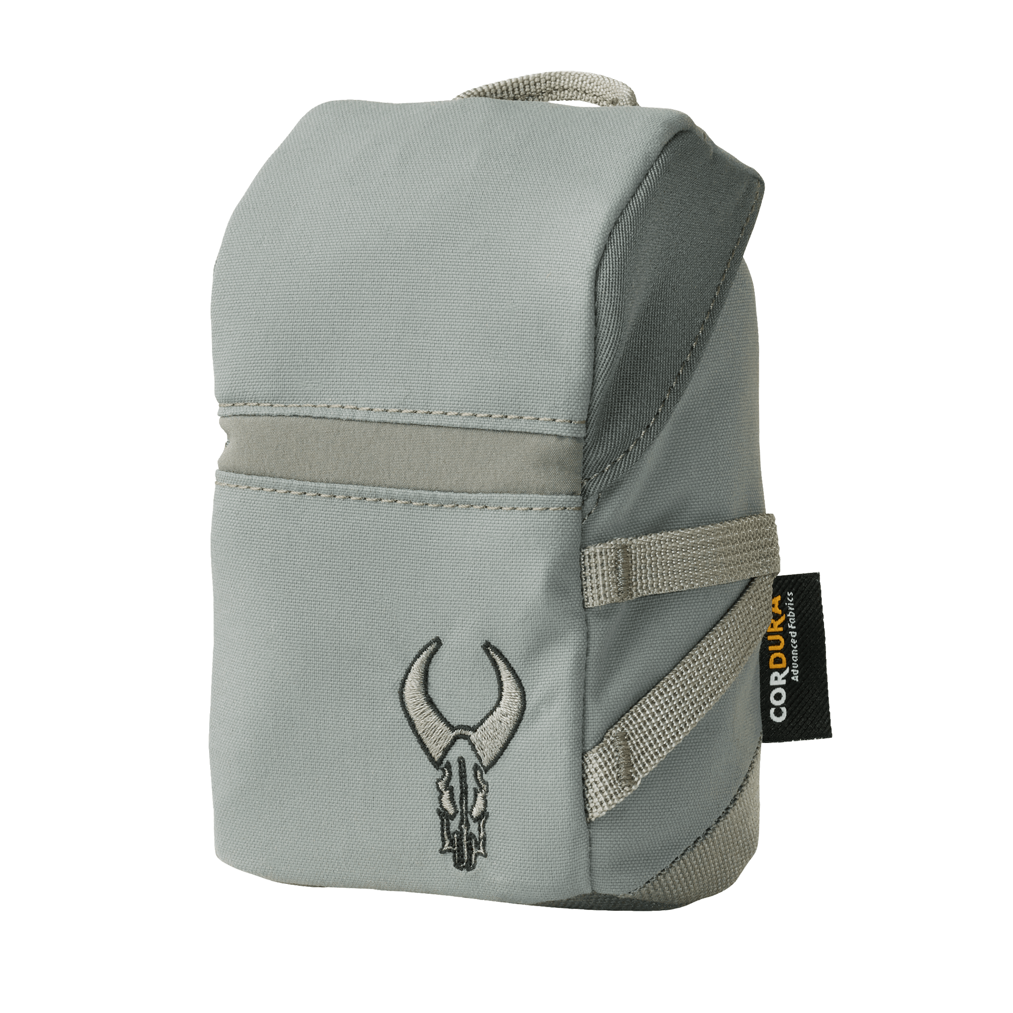 Gray pouch with Moonrivers skull logo, Cordura fabric tag, and side straps; compact and durable for outdoor use.