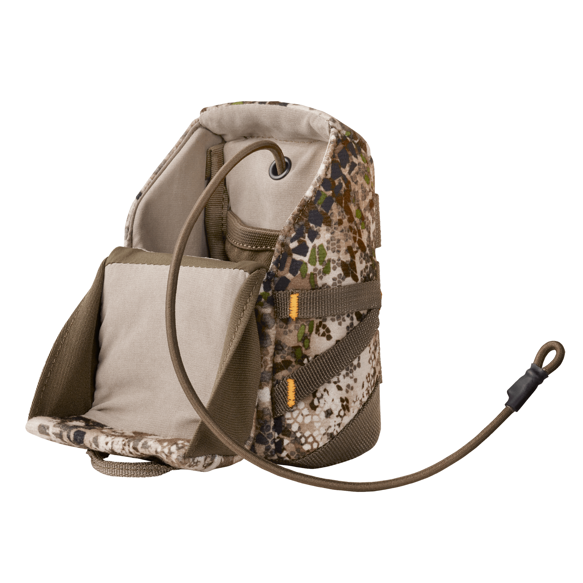 Camo-patterned pouch with drawstring closure, open flap, and soft interior for carrying small outdoor gear or accessories.