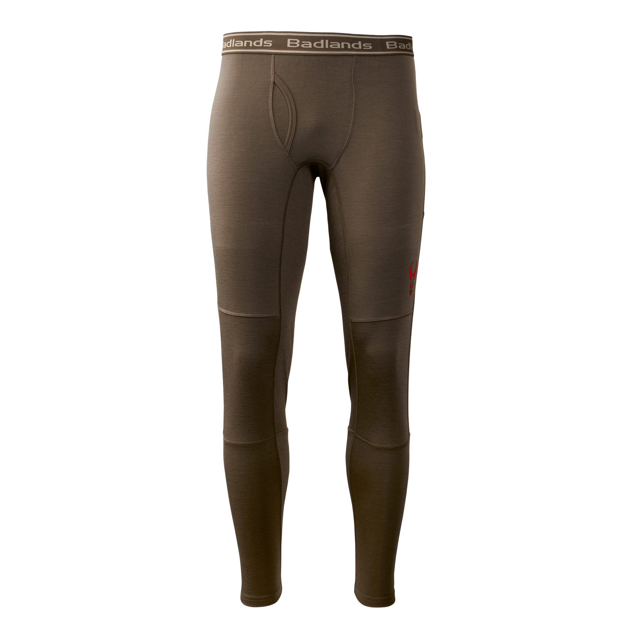 Brown Moonrivers thermal leggings with logo on waistband and thigh, designed for outdoor comfort and layering.