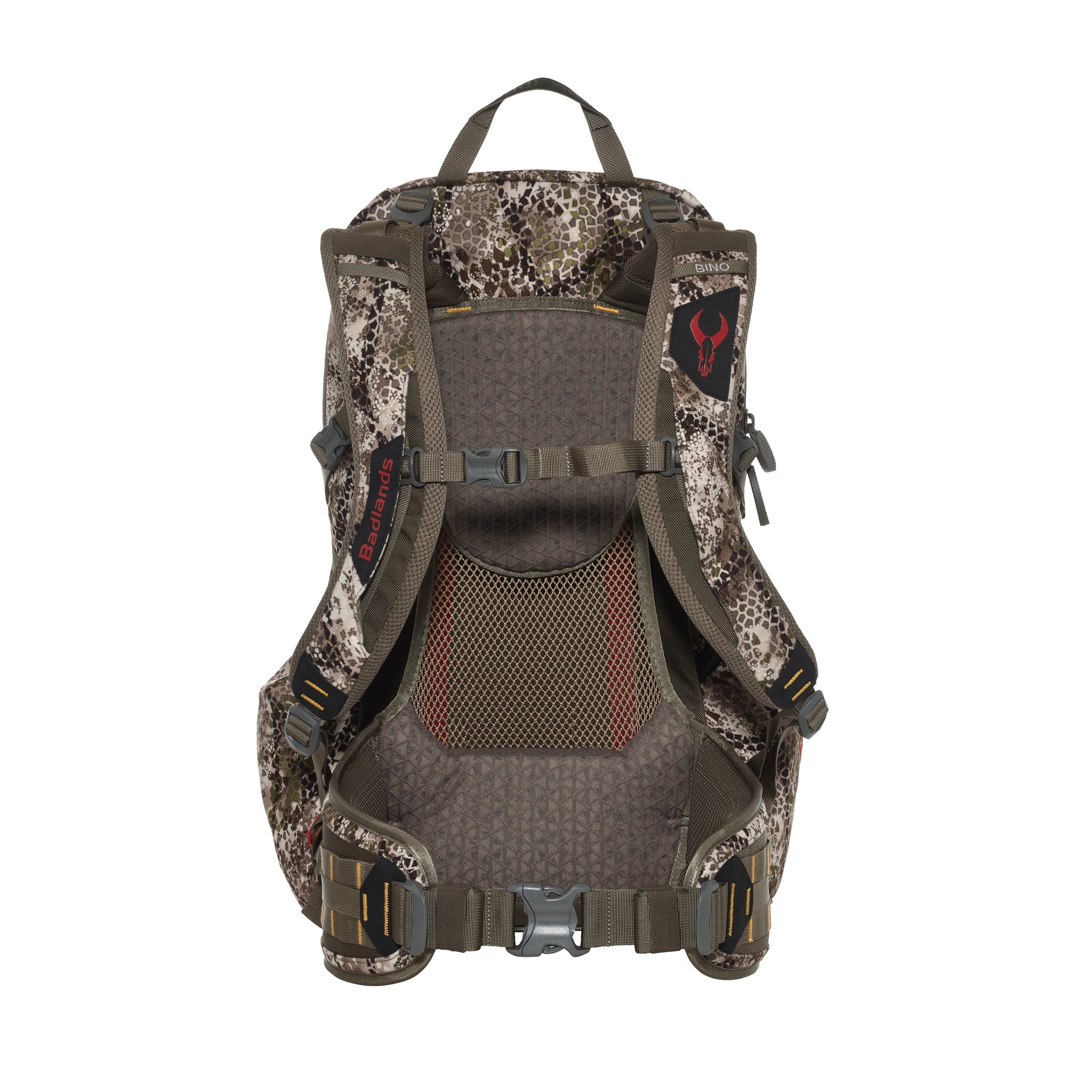 Camouflage hunting backpack with mesh back panel, adjustable straps, and Moonrivers skull logo on the right shoulder strap.