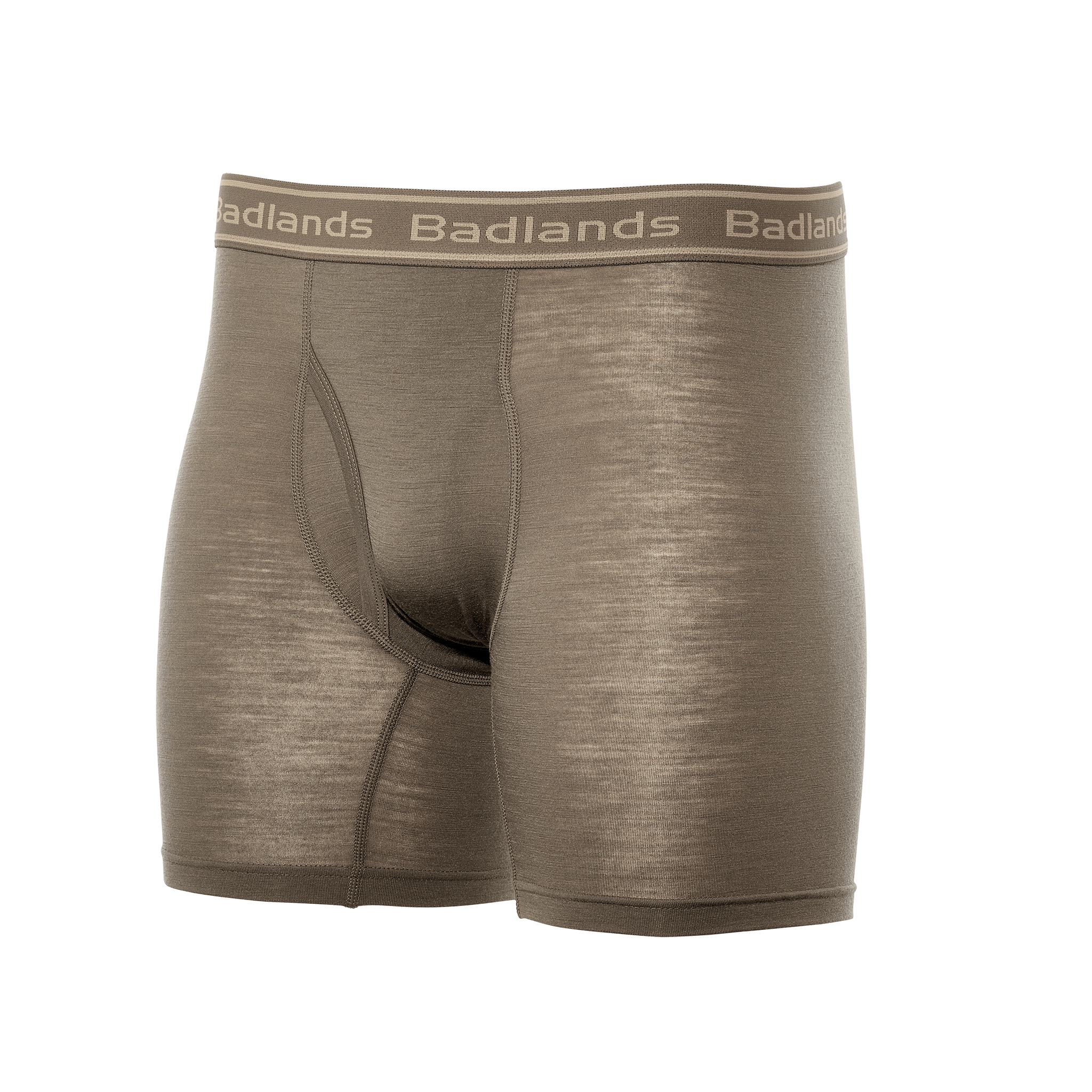 Tan Moonrivers men's boxer briefs with logo on waistband, front view, seamless design, moisture-wicking fabric.