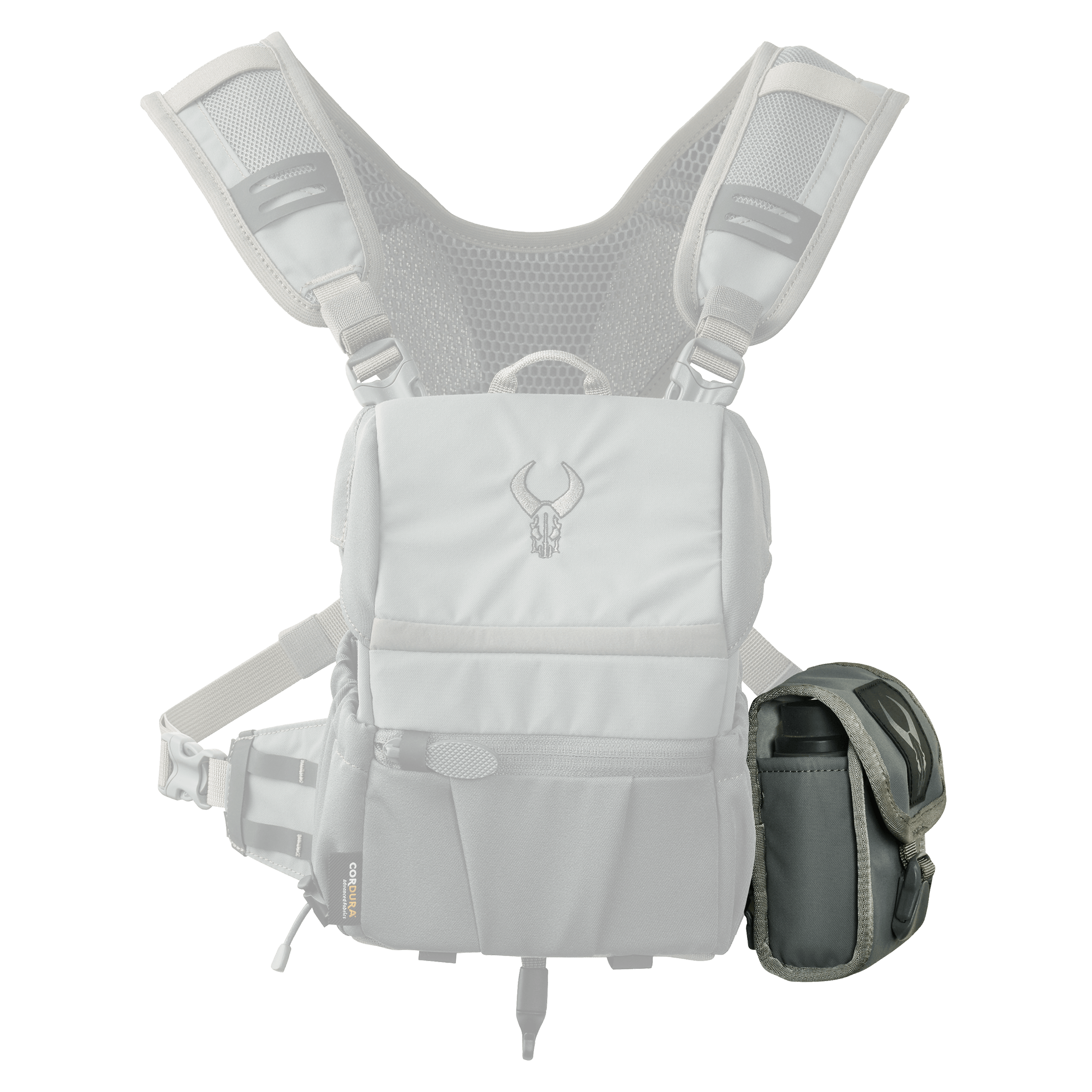 Gray chest pack with padded straps, mesh back, multiple pockets, and the Moonrivers Logo on the front.