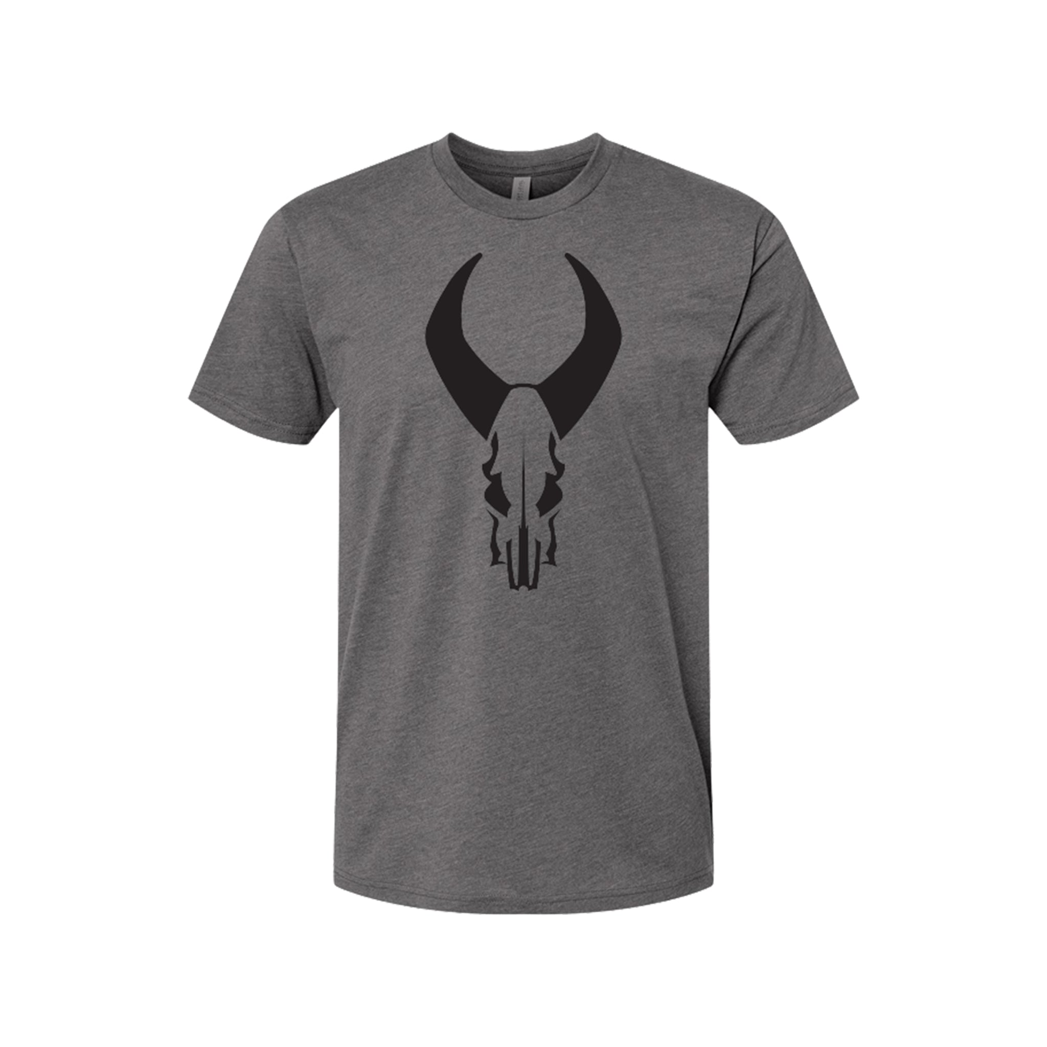Gray t-shirt featuring a large black Moonrivers skull logo on the chest, short sleeves, crew neck.