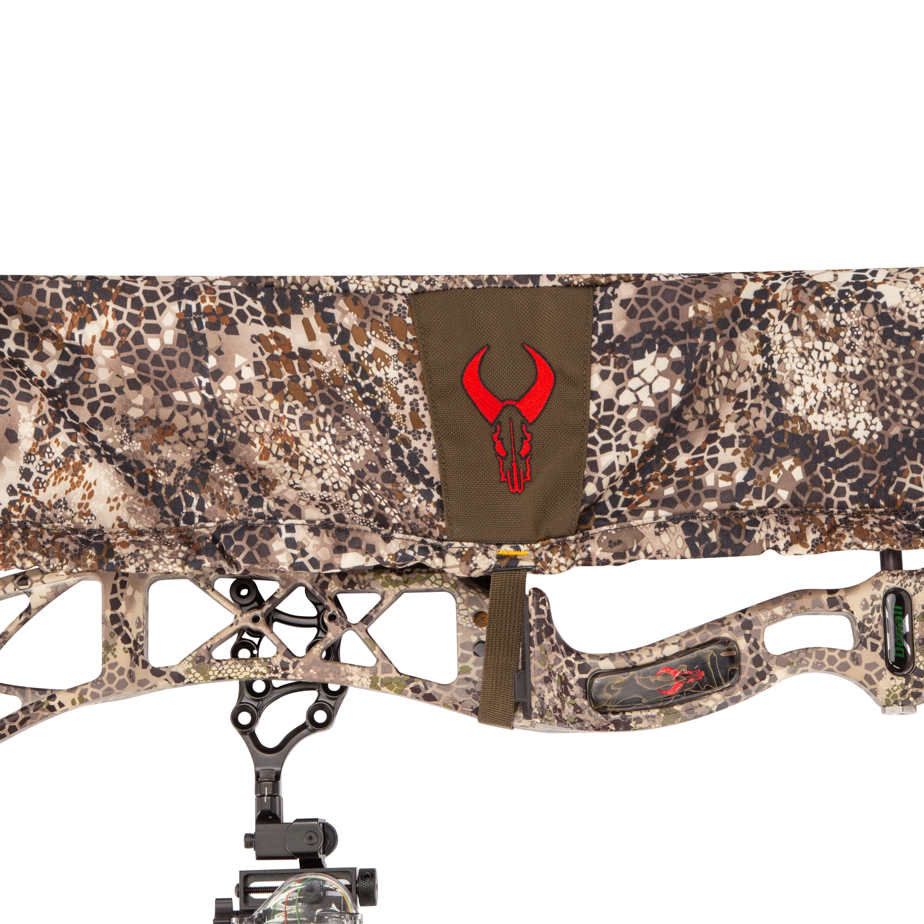 Camouflage bow cover with red Moonrivers Logo, designed for outdoor hunting; partial bow visible at bottom.