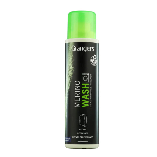 Grangers Merino Wash bottle with green cap, designed for cleaning and refreshing merino wool garments.
