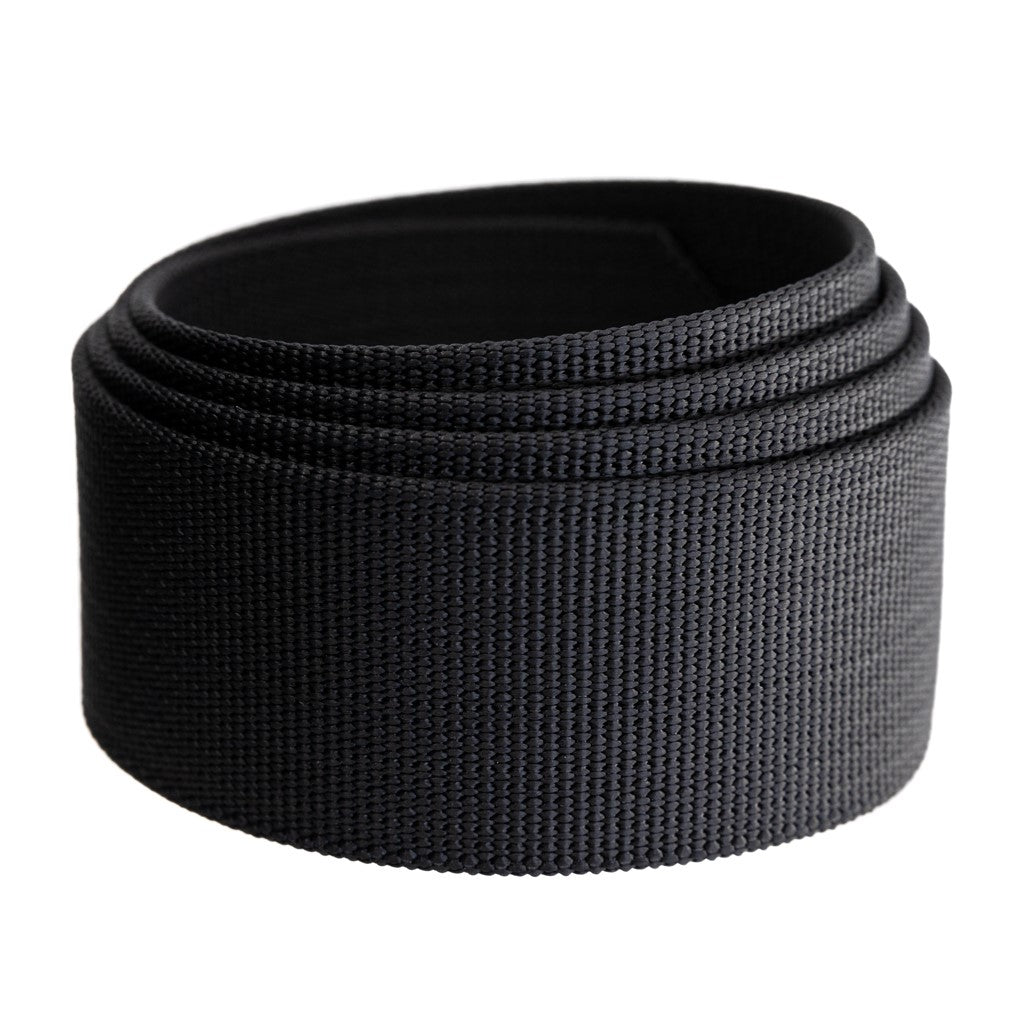 Rolled black nylon webbing strap, textured surface, commonly used for outdoor gear or backpacks.