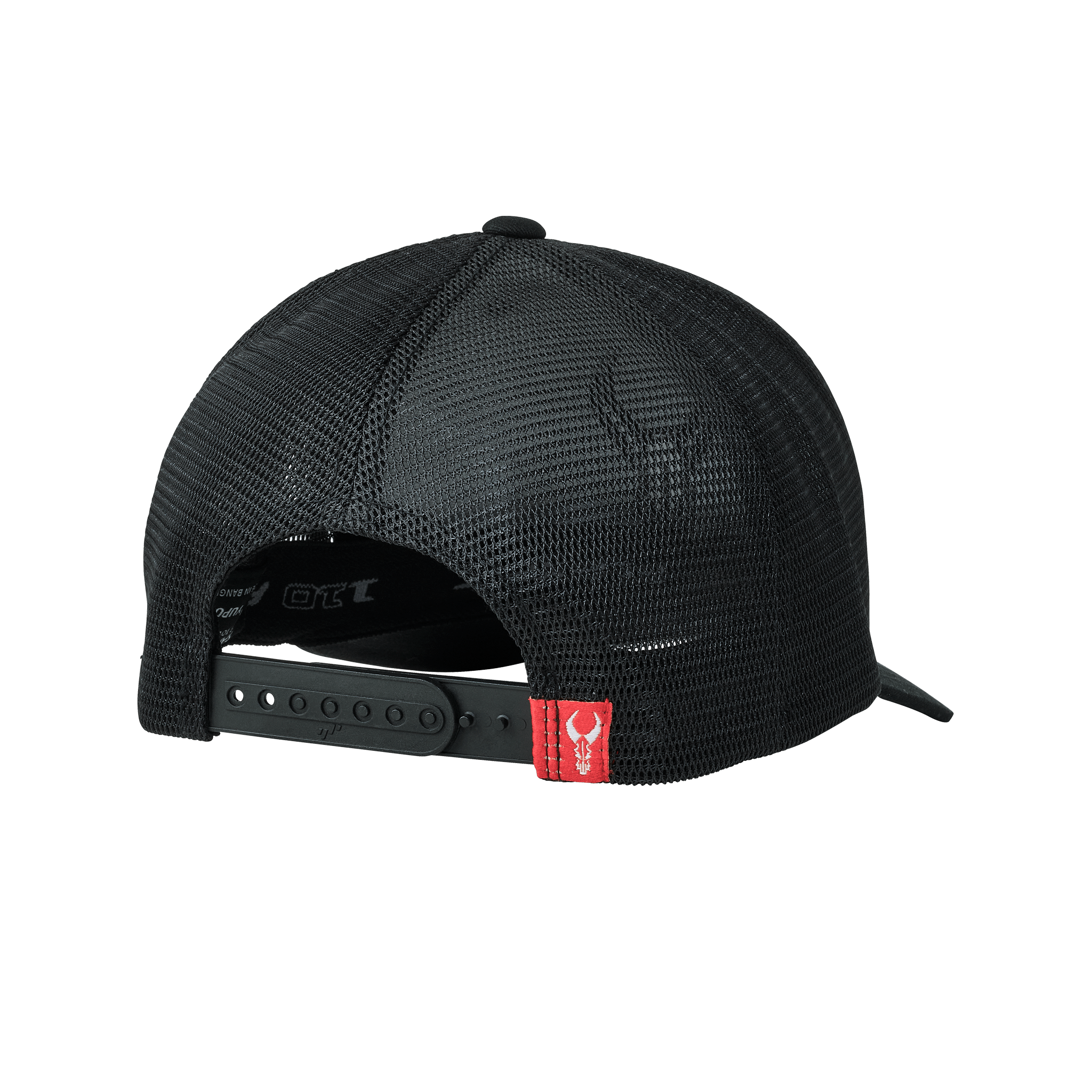 Black mesh snapback hat with a red tag featuring the Moonrivers skull logo on the adjustable strap.