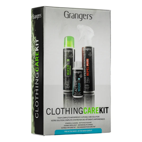 Grangers Clothing Care Kit box with three cleaning products for waterproof clothing, shown against a plain background.