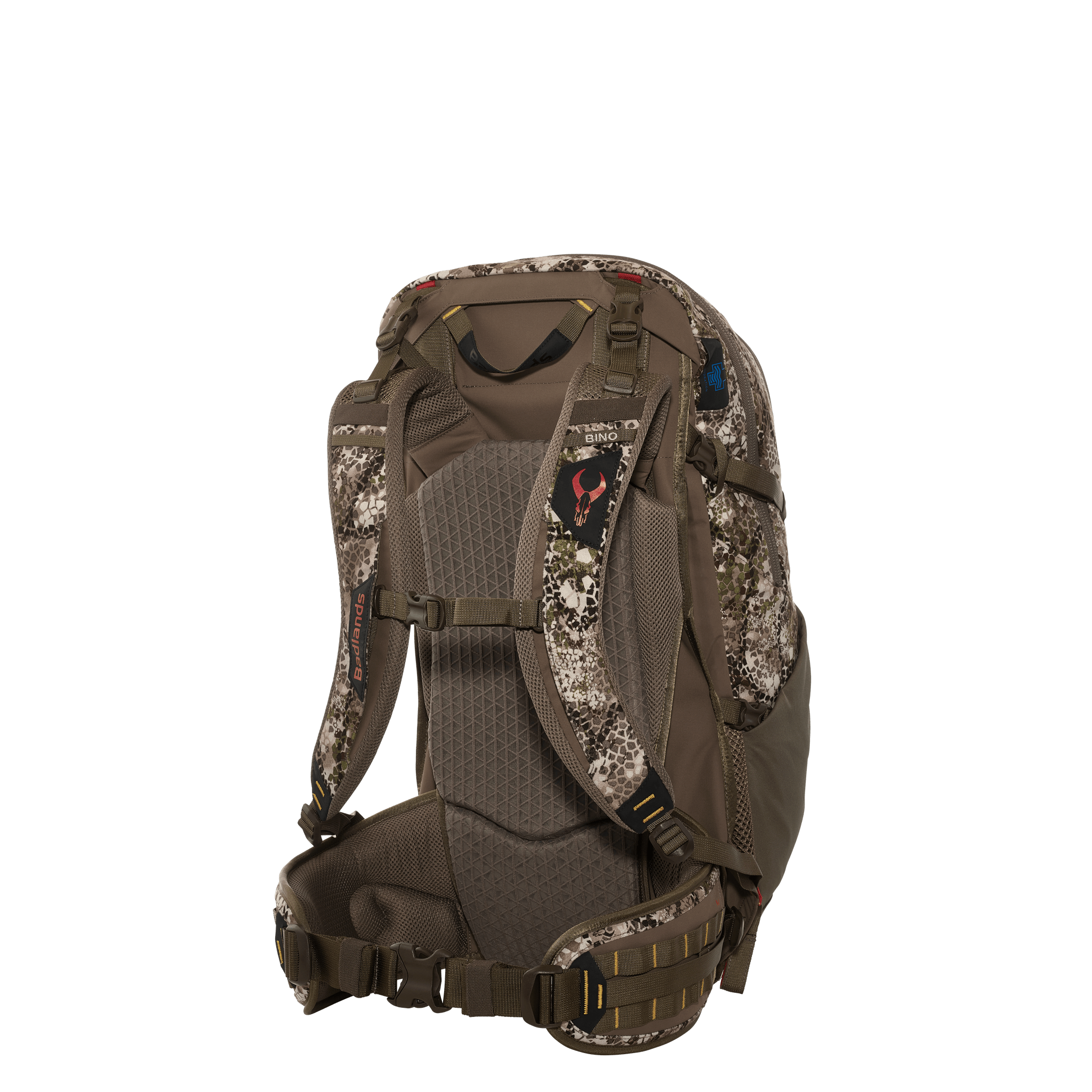 Camo hunting backpack with padded straps, hip belt, and visible Moonrivers skull logo on the back panel.