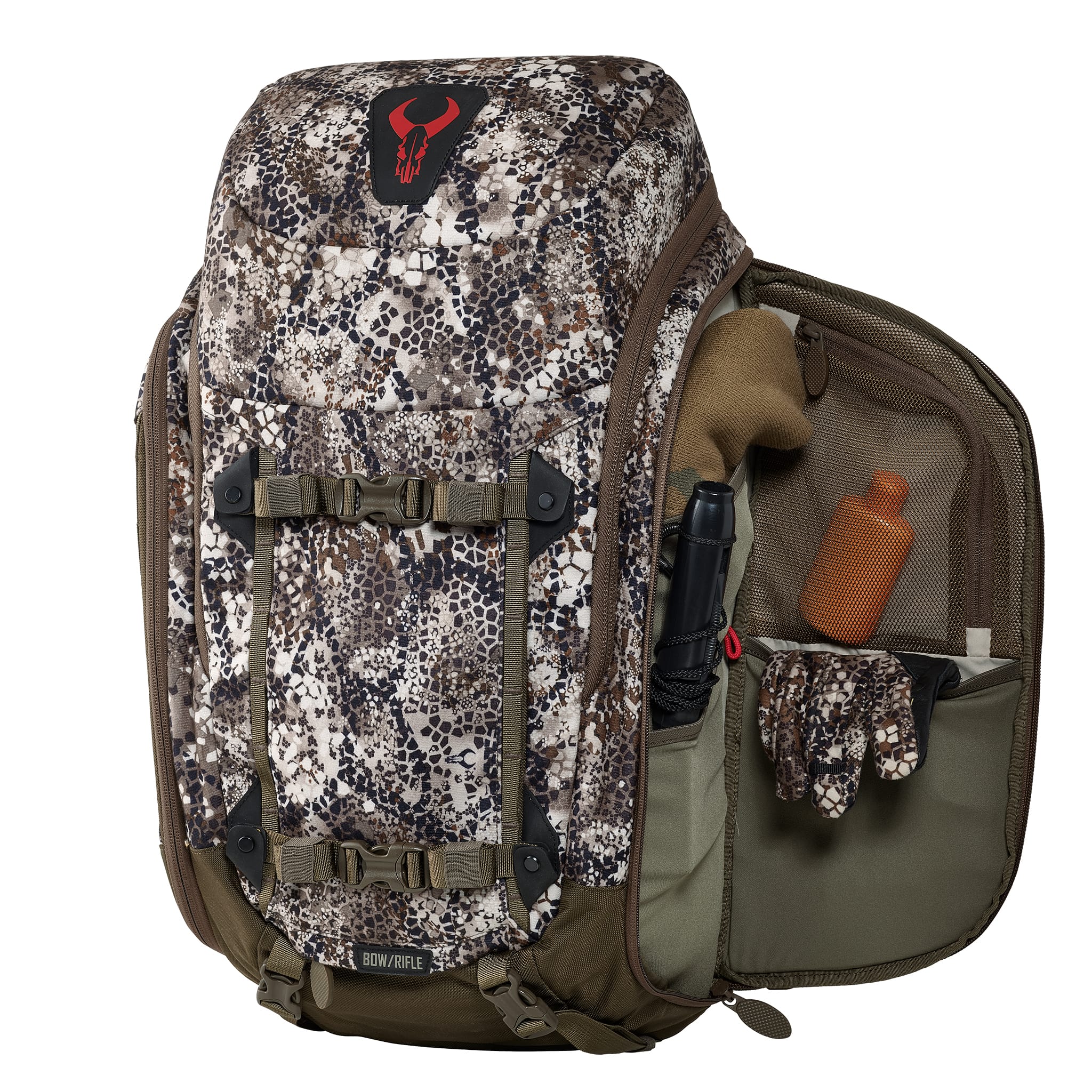 Camo hunting backpack with Moonrivers Logo, open side pocket showing gloves, bottle, and gear for outdoor use.