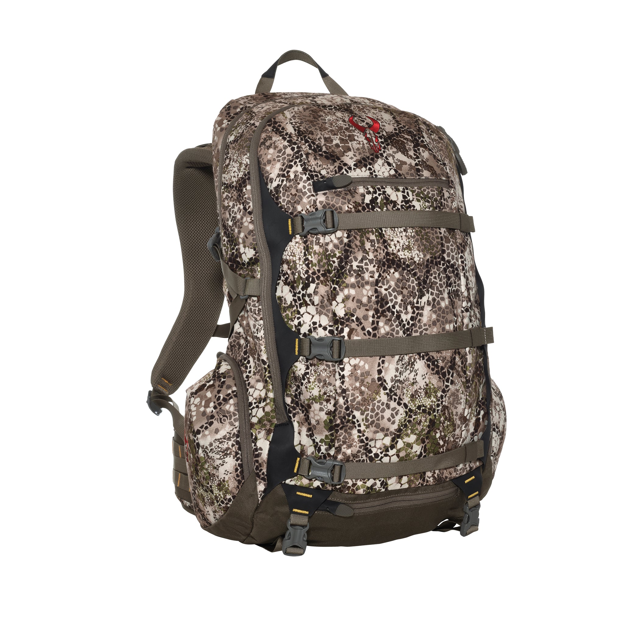Camo hunting backpack with Moonrivers skull logo, padded straps, and multiple adjustable buckles for secure gear storage.