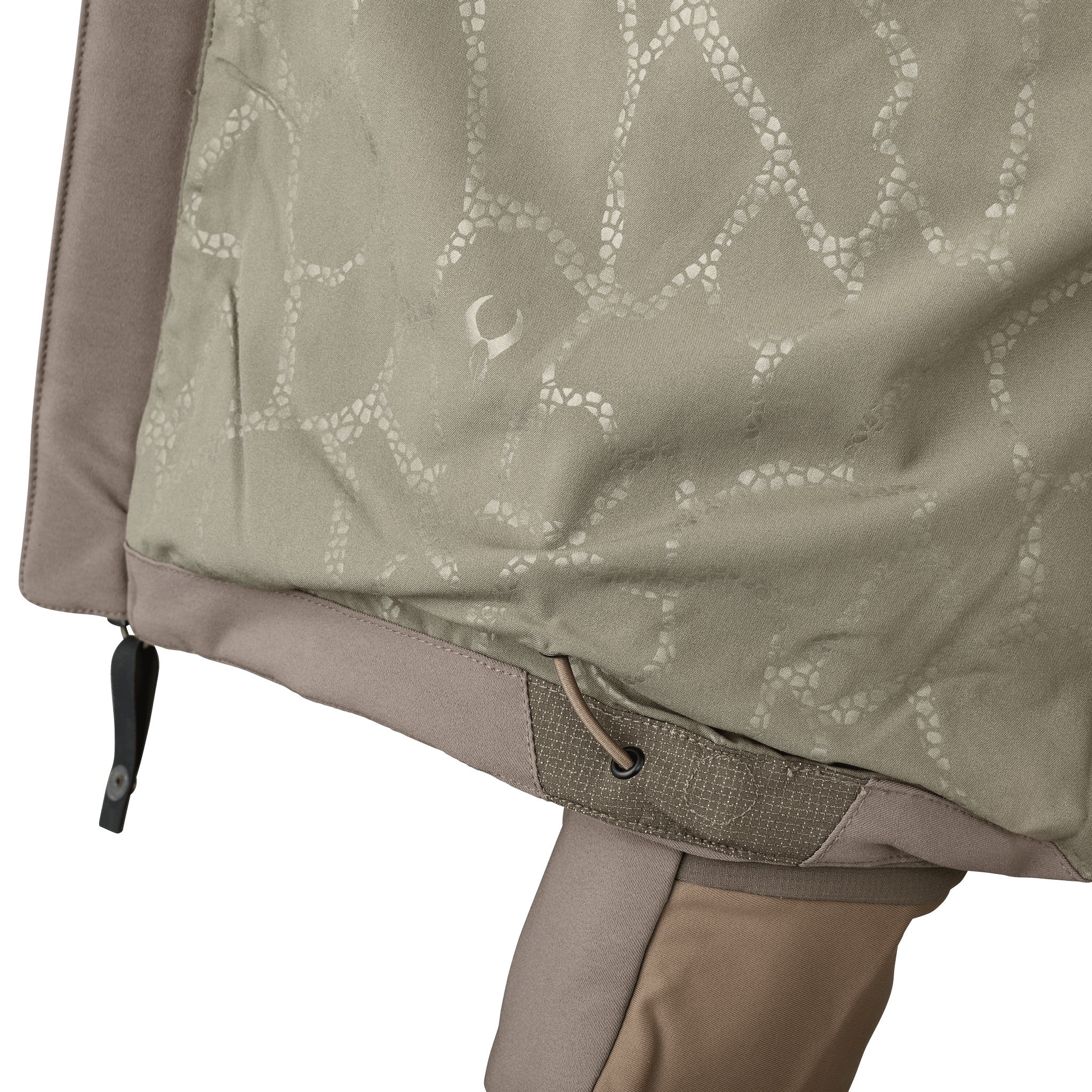 Close-up of camo jacket with Moonrivers skull logo, adjustable drawcord, and textured fabric for outdoor use.