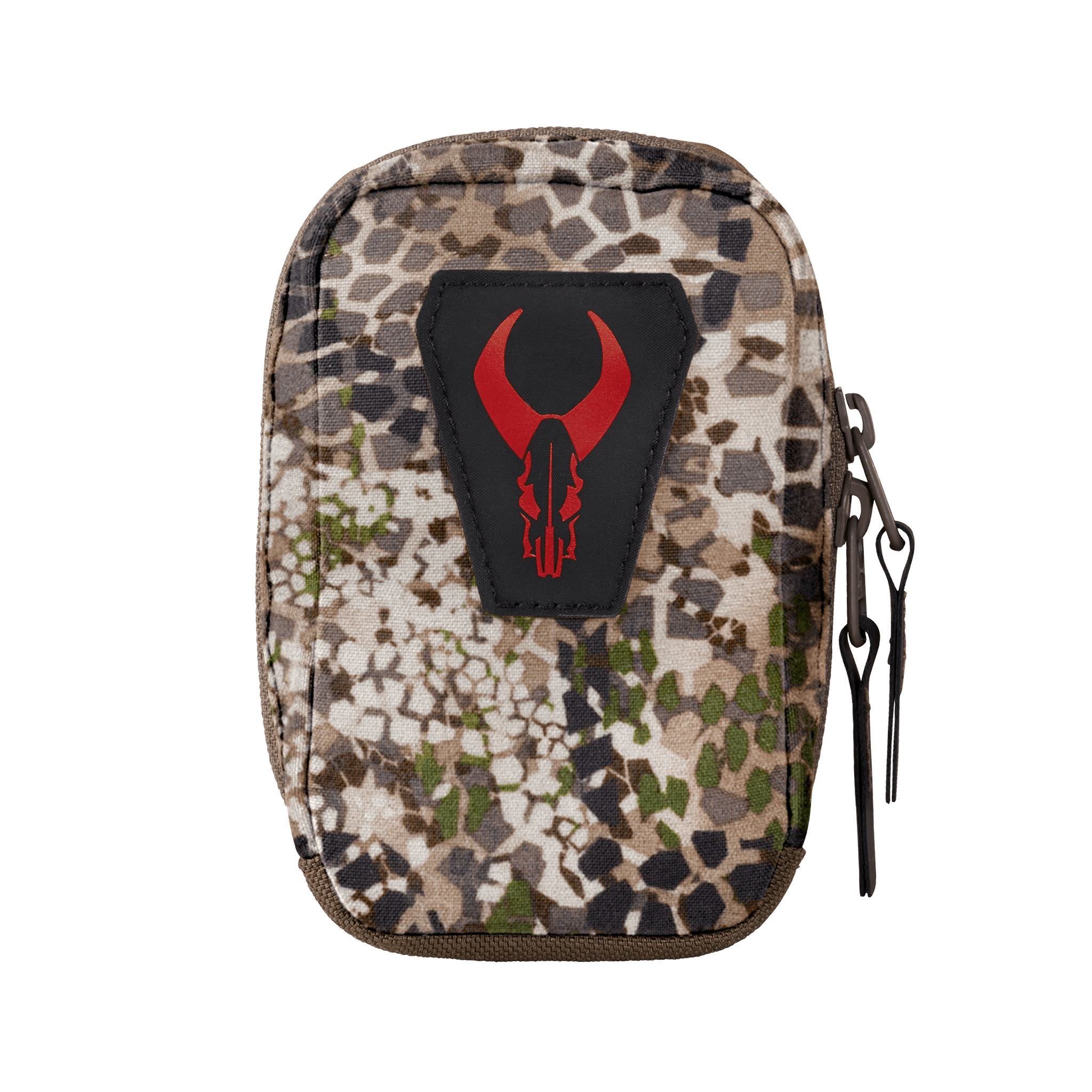 Camouflage pouch with zipper and a red Moonrivers skull logo on the front, designed for outdoor or hunting use.