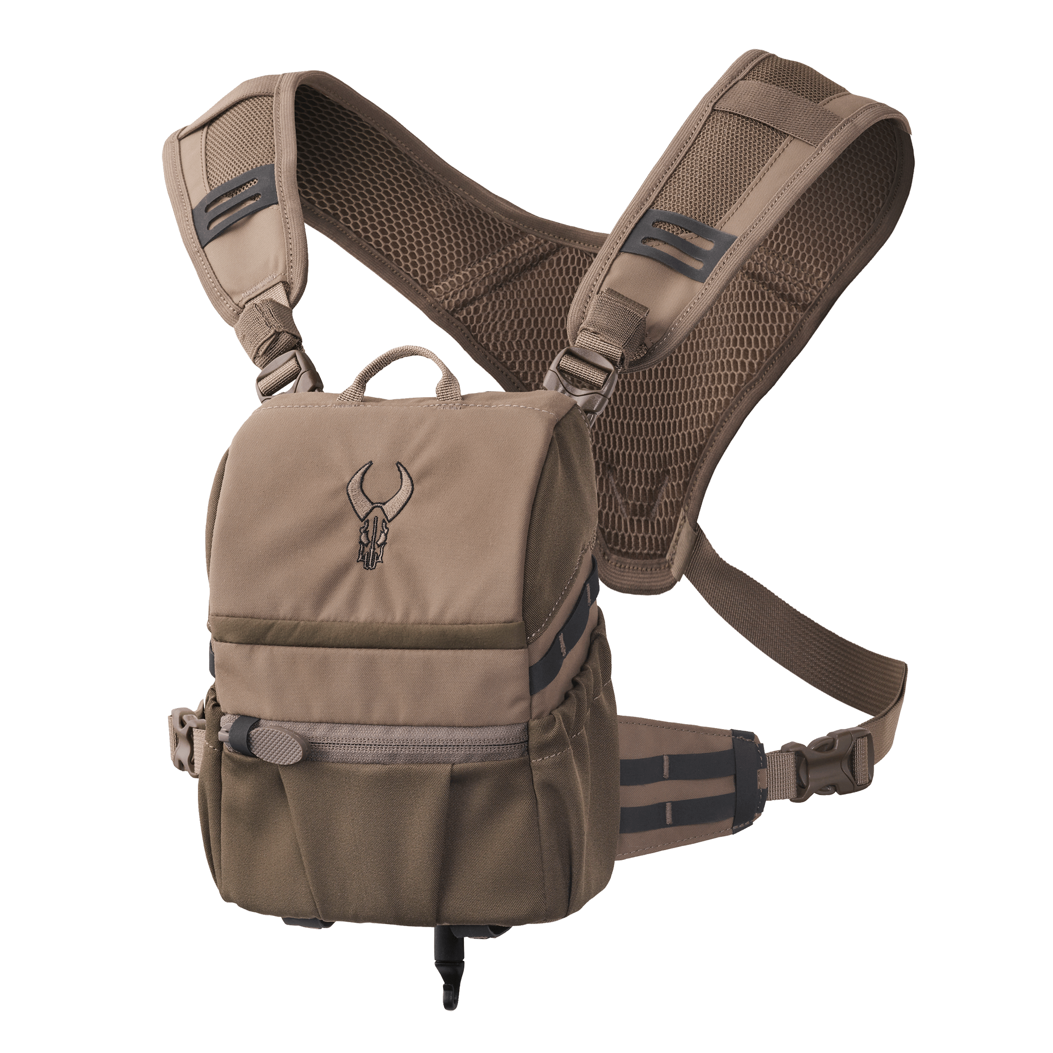 Tan and olive chest pack with mesh straps and Moonrivers skull logo on the front pocket.