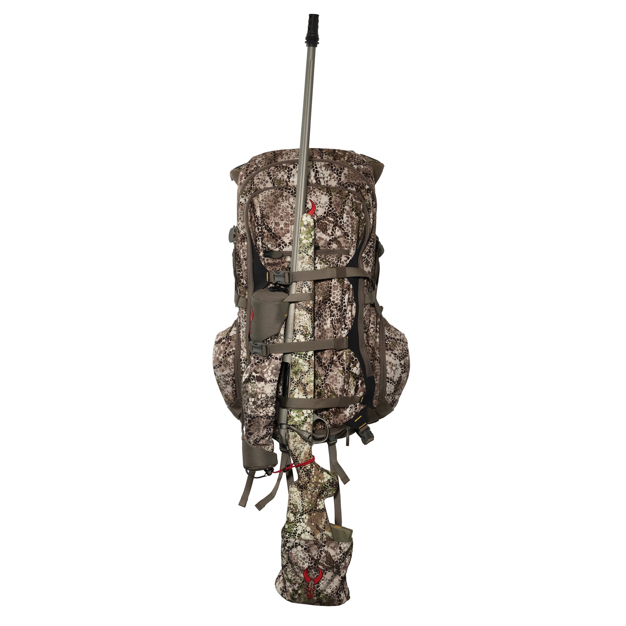 Camo hunting backpack with rifle holder and visible Moonrivers skull logo, shown against a plain white background.