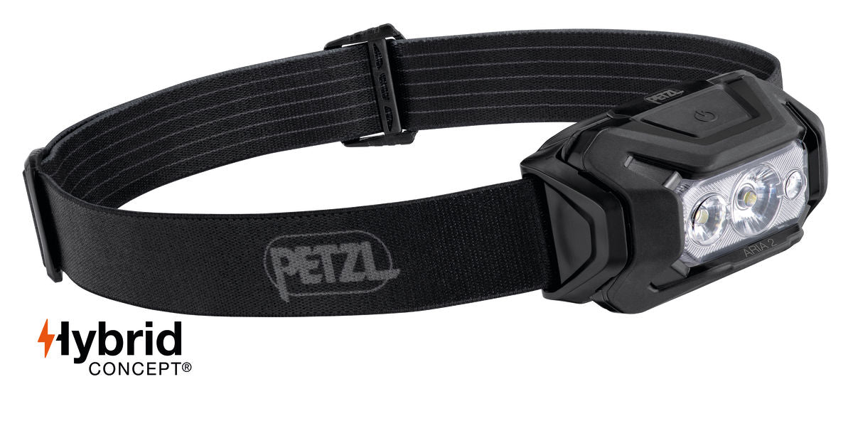Black Petzl ARIA 2 headlamp with adjustable strap, three LED lights, and Hybrid Concept logo in the bottom left corner.