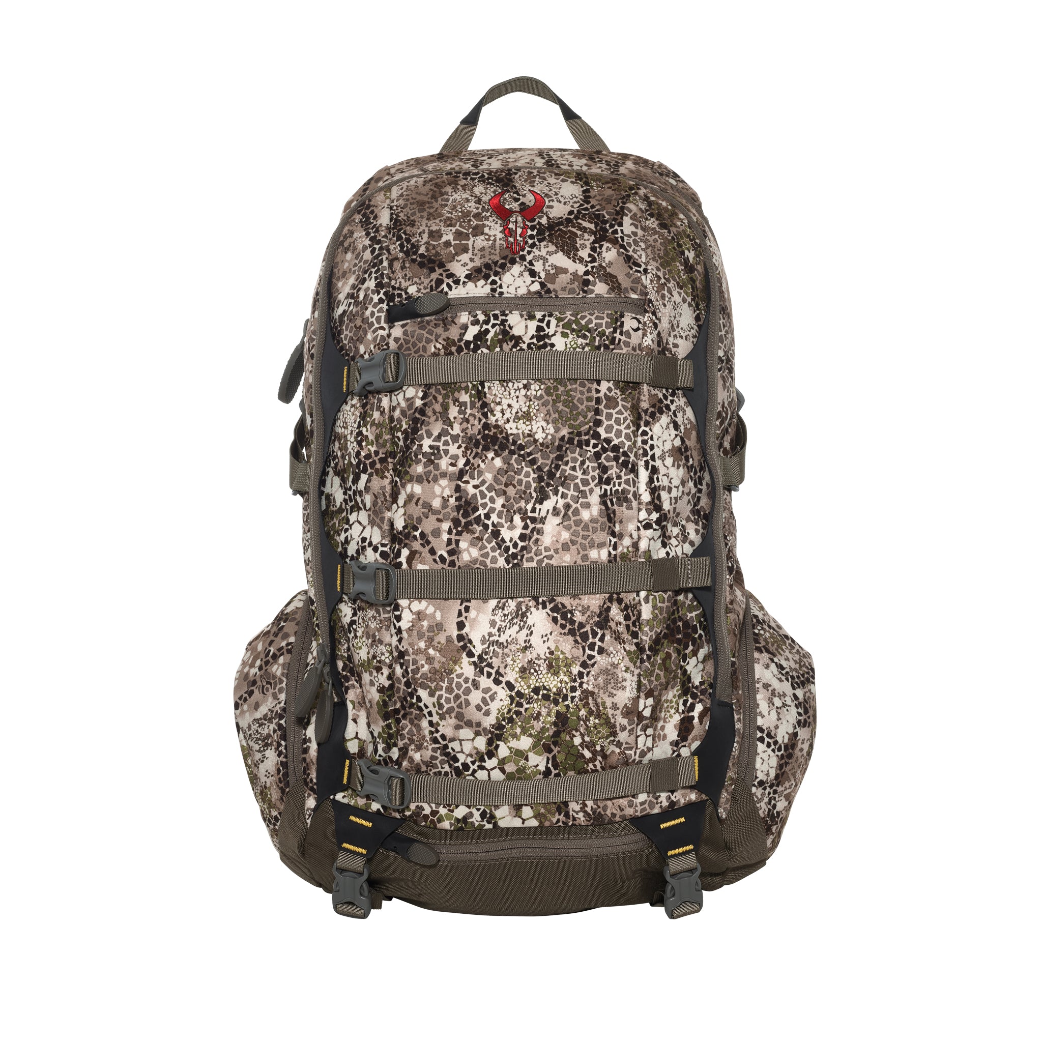 Camo backpack with Moonrivers skull logo, adjustable straps, and multiple compartments, shown against a white background.