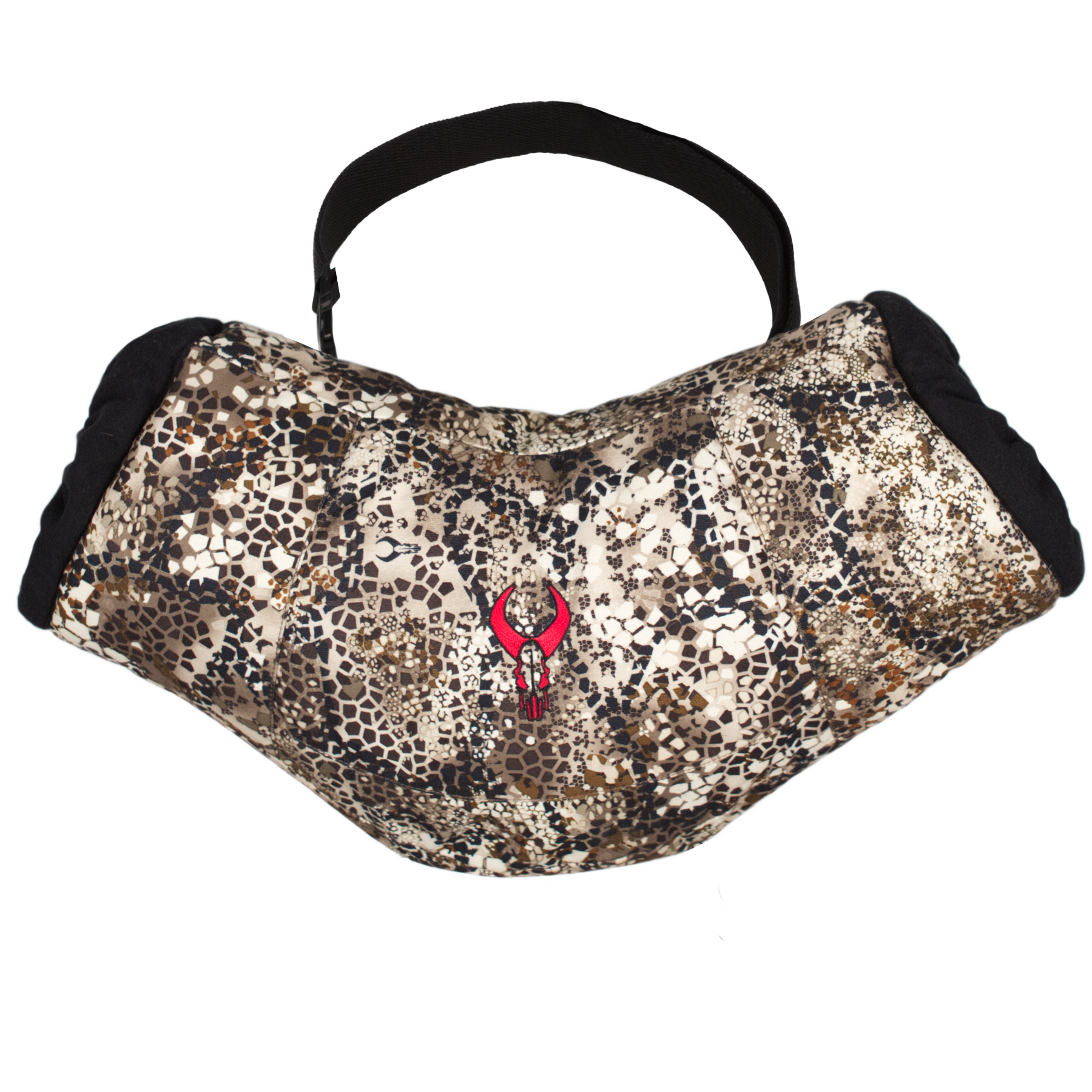 Camo hand muff with black trim, carrying strap, and a red Moonrivers skull logo on the front center.
