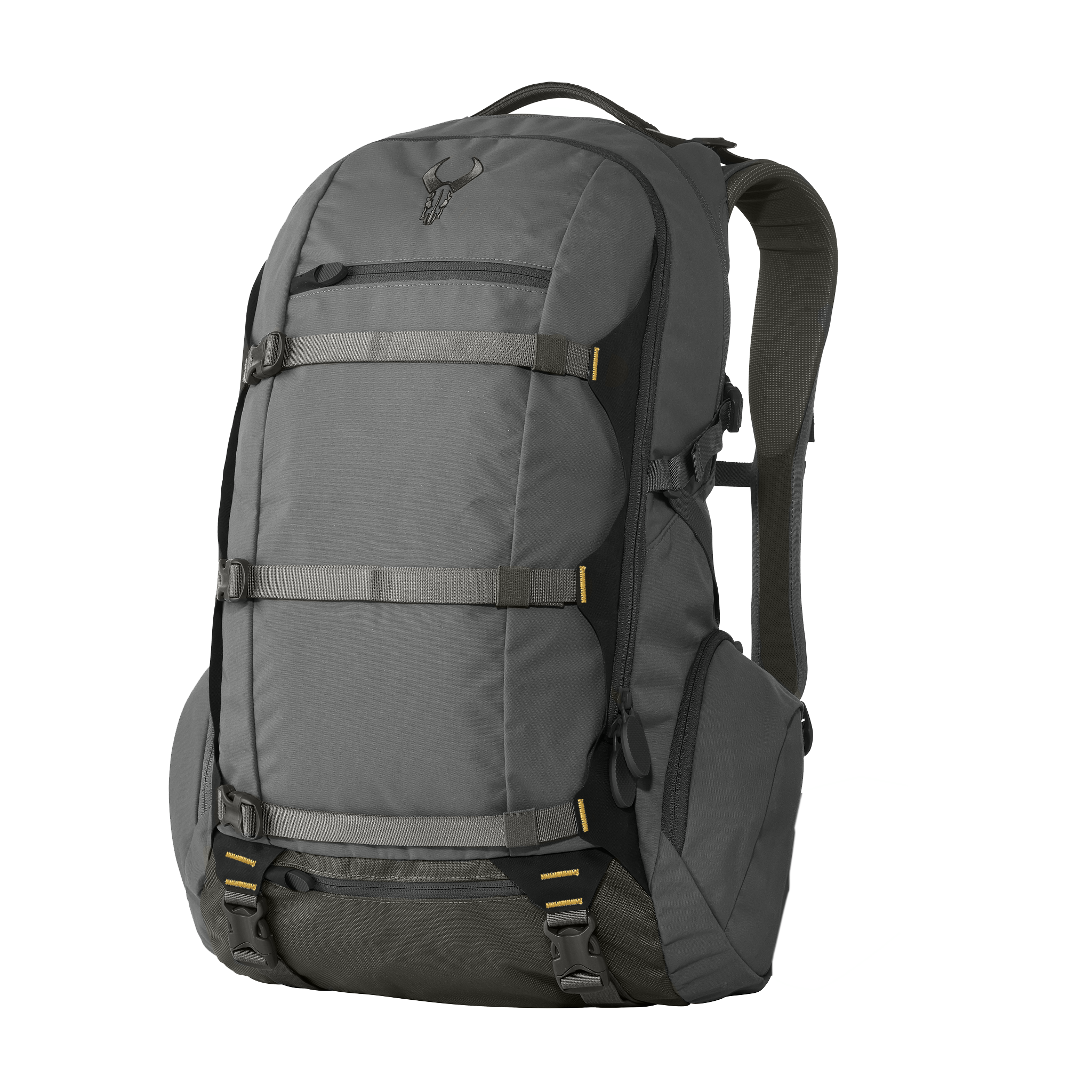 Gray backpack with Moonrivers skull logo, adjustable straps, side pockets, and padded shoulder straps for comfort.