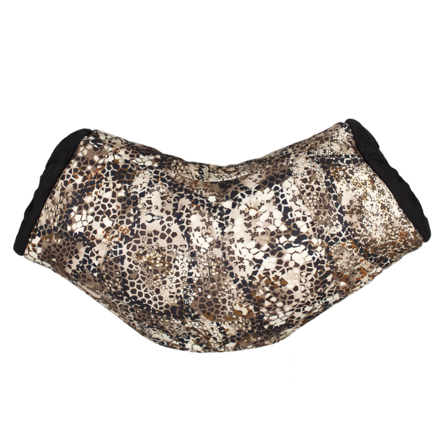 Camo-patterned Moonrivers saddle pad with contoured shape and straps, designed for horseback riding comfort and support.