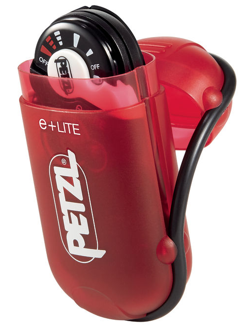 Red Petzl e+LITE emergency headlamp in a compact case, with a visible dial and attached black strap.