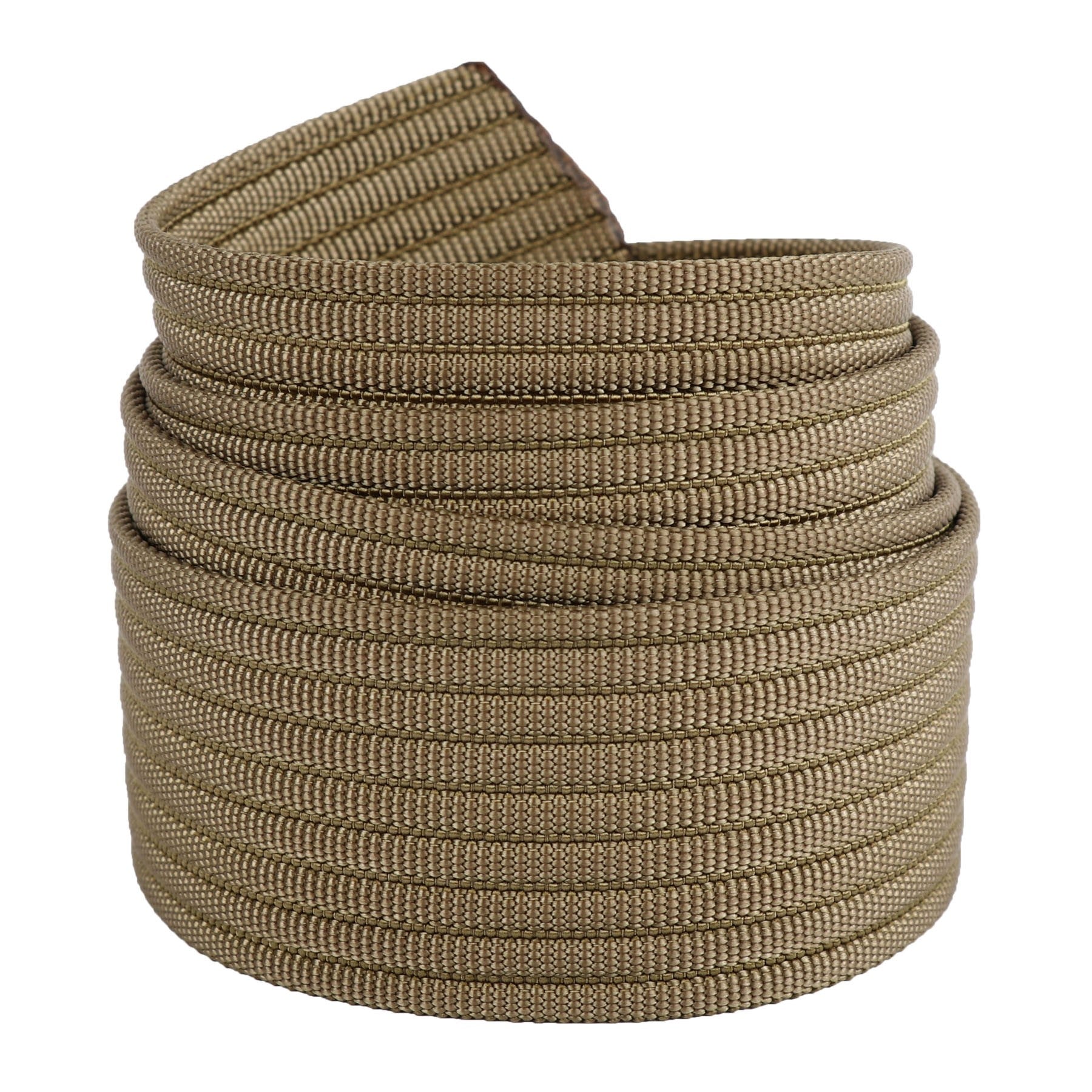 A roll of tan paracord rope, coiled neatly, used for outdoor, camping, or survival purposes.