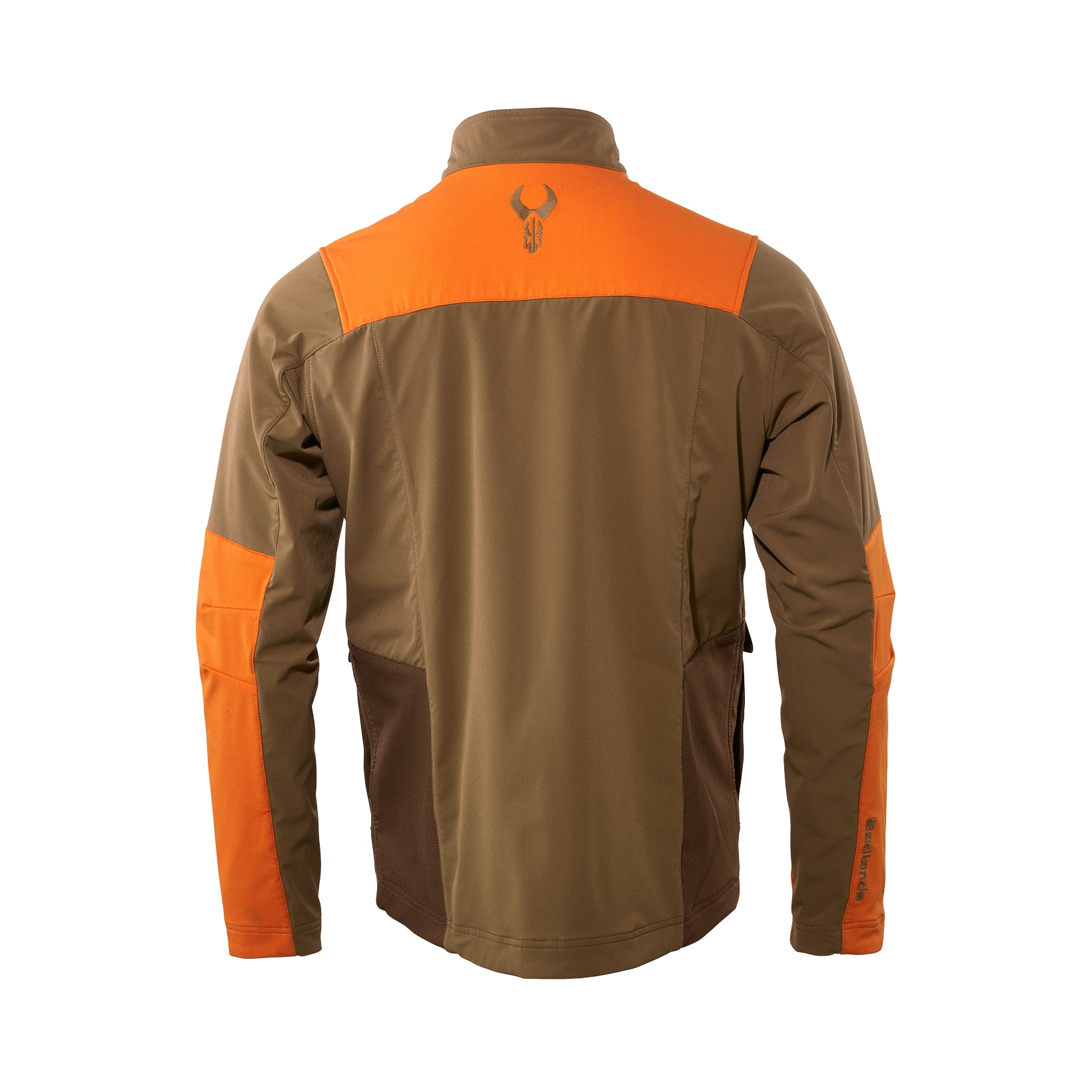 Brown and orange jacket, Moonrivers Logo on upper back, long sleeves, designed for outdoor use.